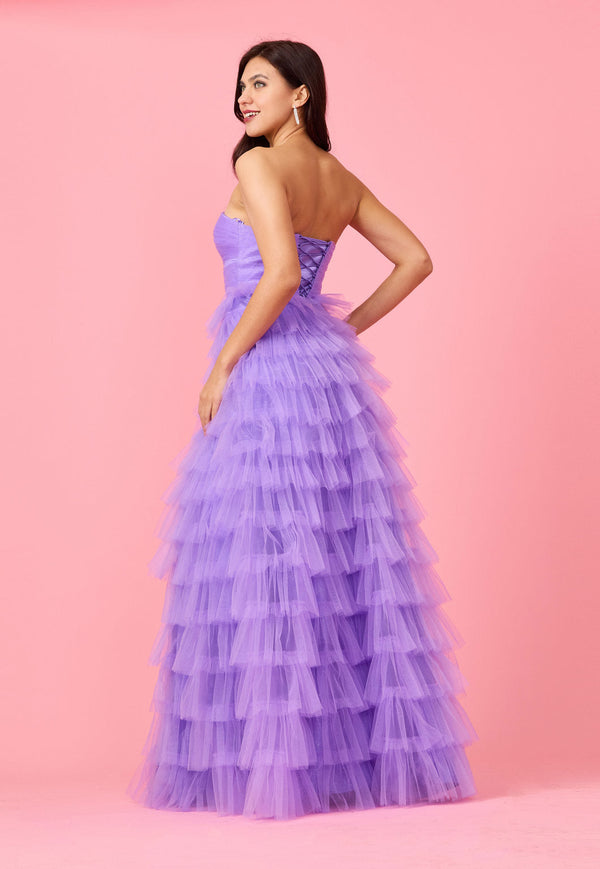Prom Dresses Strapless Ruffle Skirt Prom Ball Gown Dark Lilac