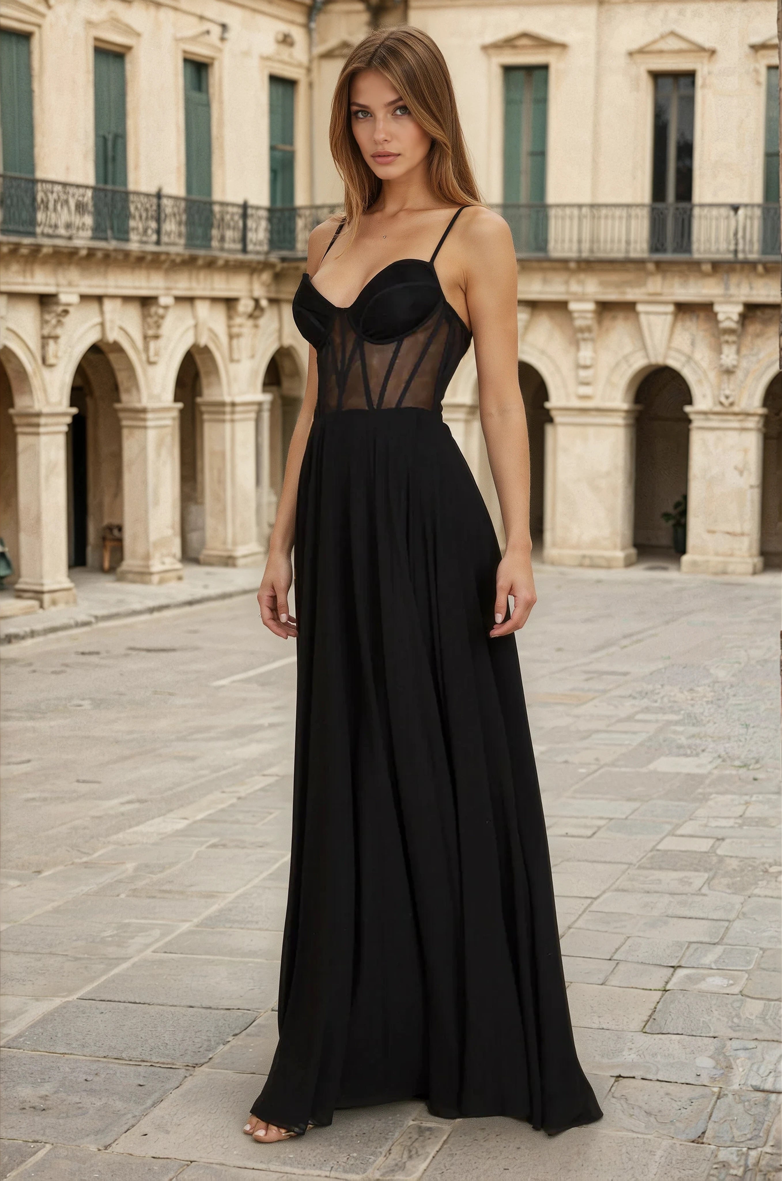 Long Chiffon Sweetheart Neckline Corset Formal Prom Dress in Black