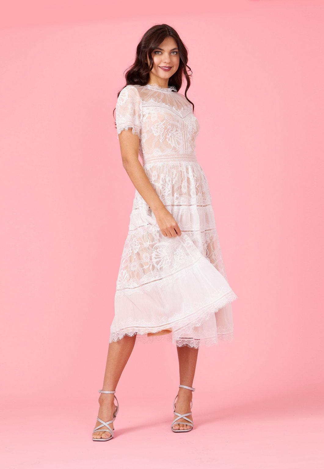 Elegant Short Sleeve Midi Lace Formal Cocktail Dress
