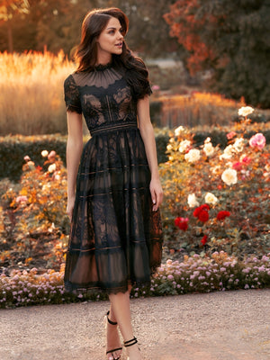 Elegant Short Sleeve Midi Lace Formal Cocktail Dress 1349