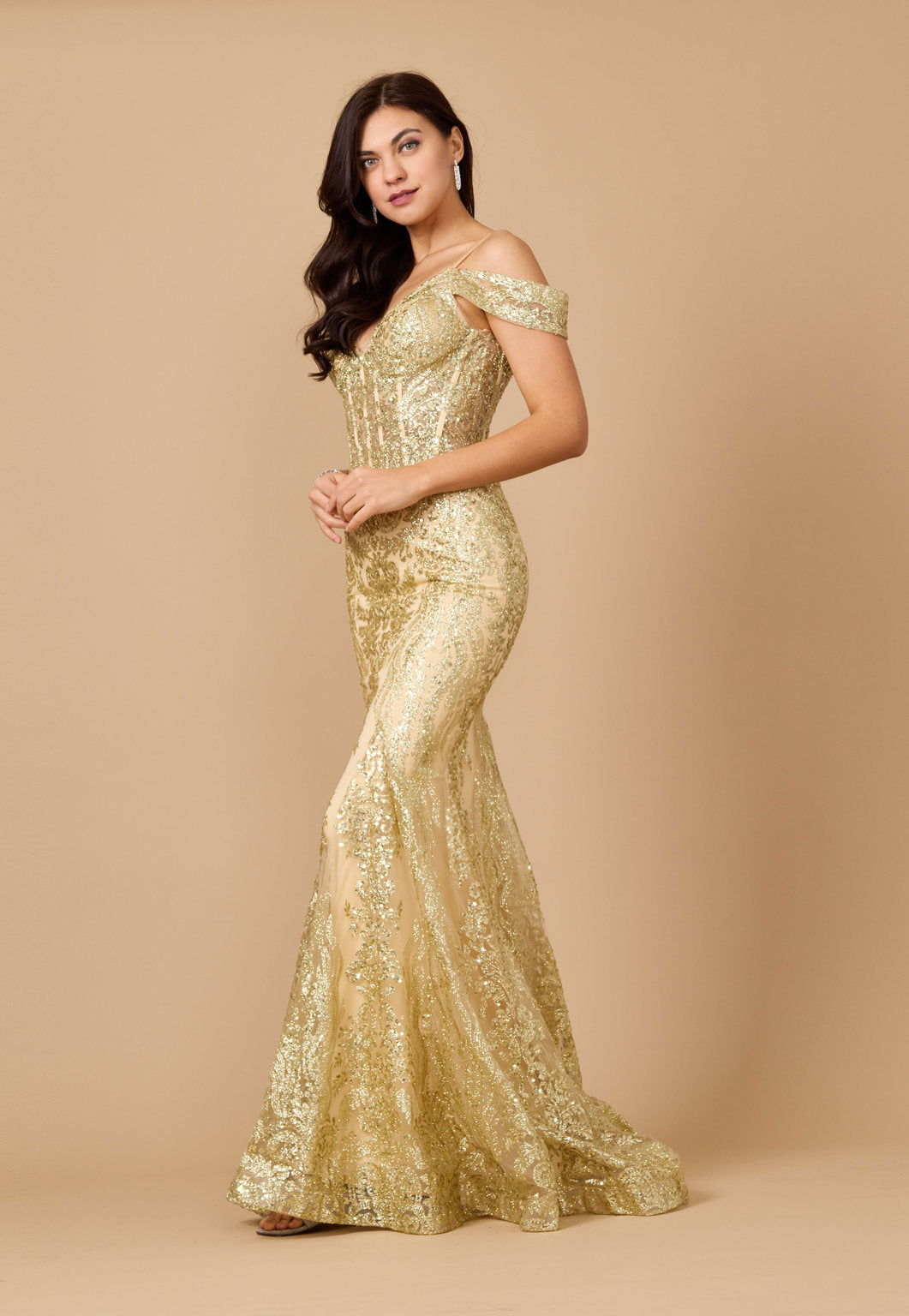 Off Shoulder Sequin Corset Formal Dress - Charcoal - Perfect for Prom and Formal Events