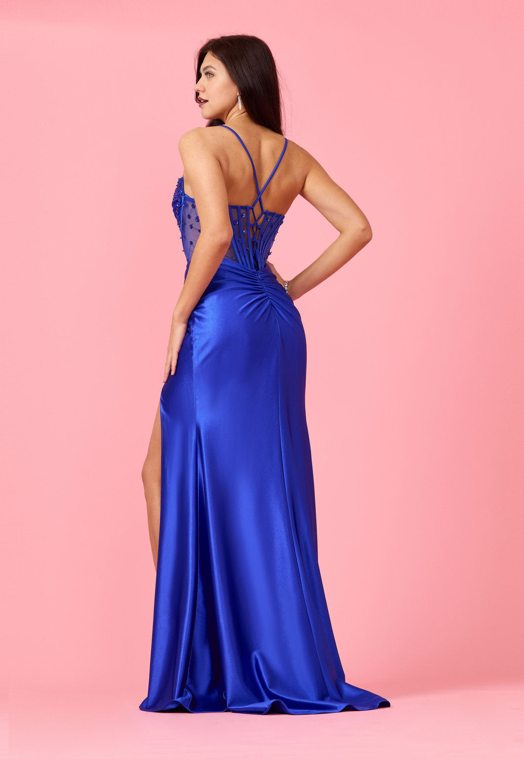Sweet Heart Satin Long Beaded Formal Corset Prom Dress