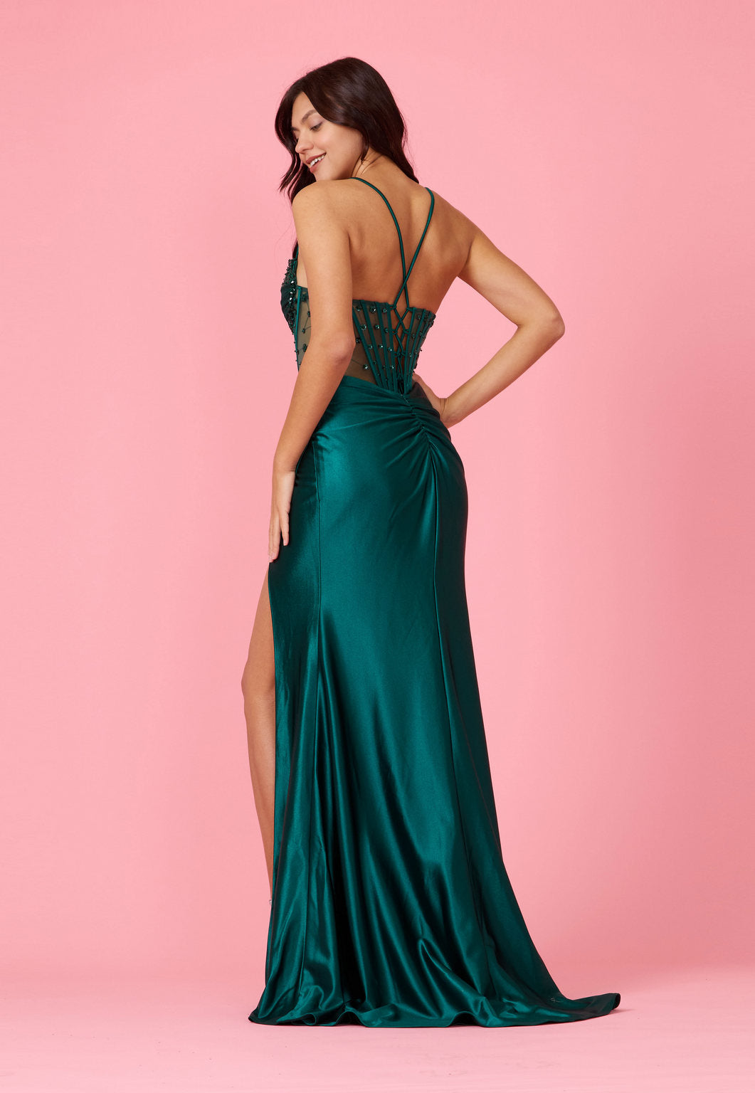 Long Beaded Formal Corset Prom Dress