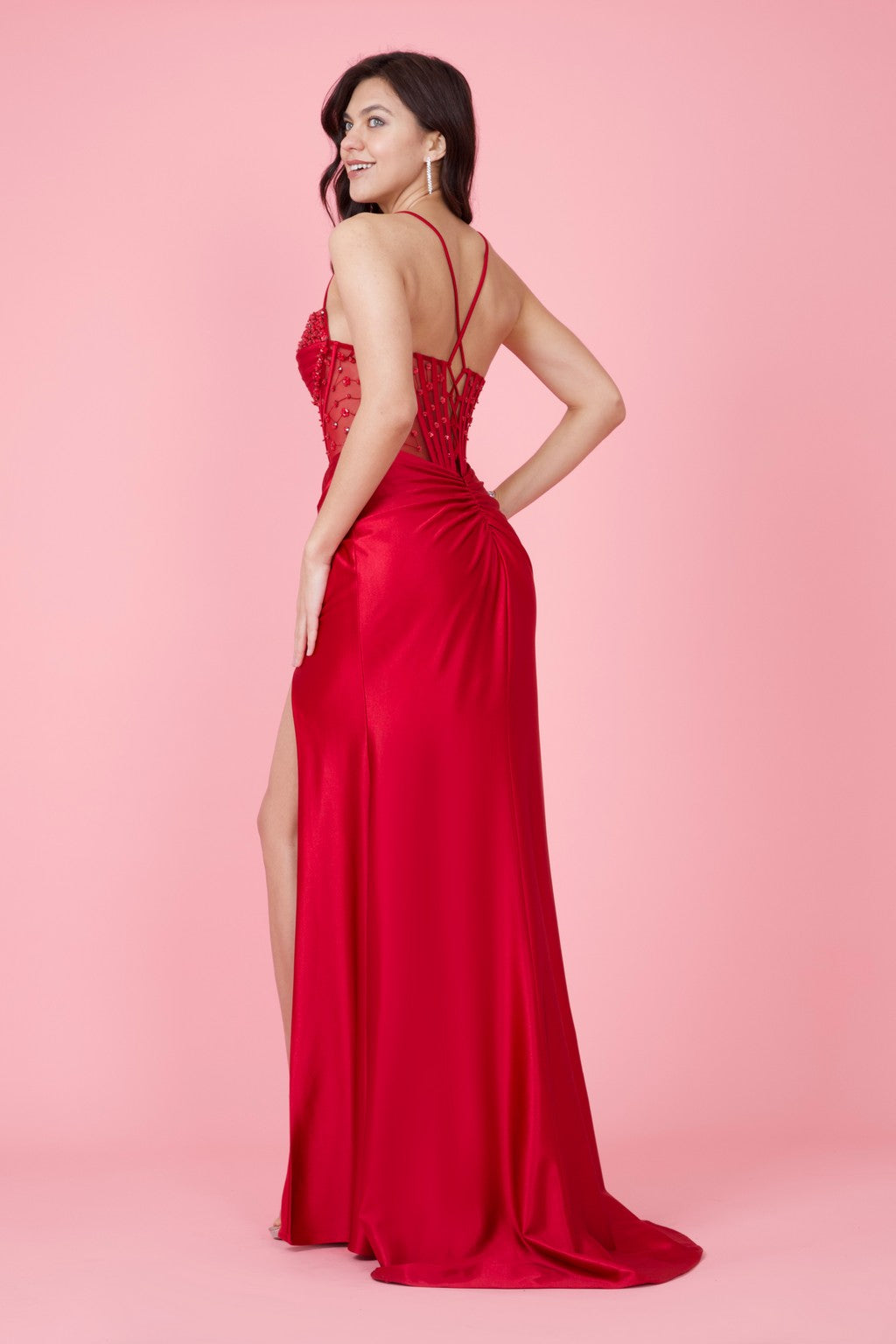 Sweet Heart Satin Long Beaded Formal Corset Prom Dress