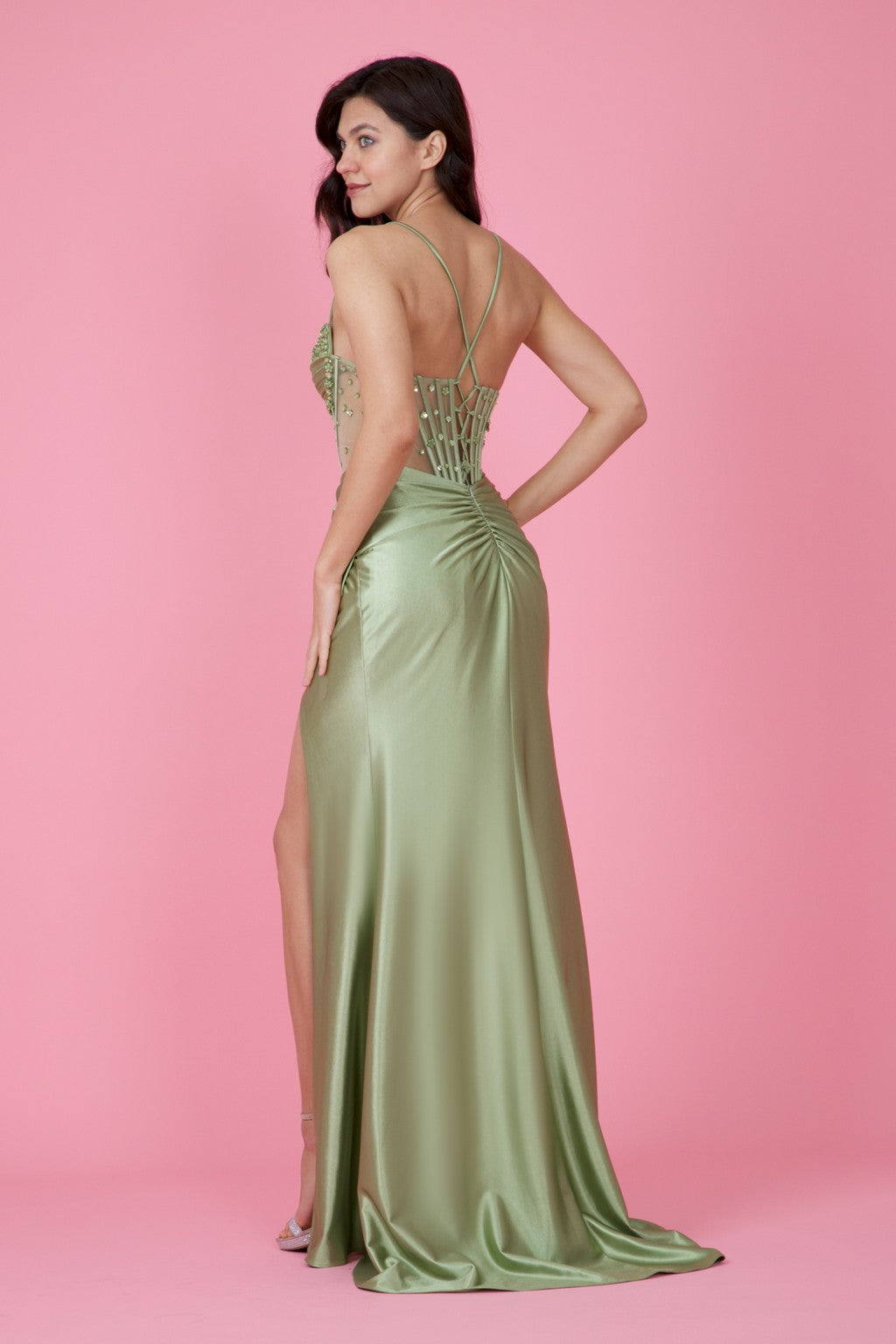 Sweet Heart Satin Long Beaded Formal Corset Prom Dress