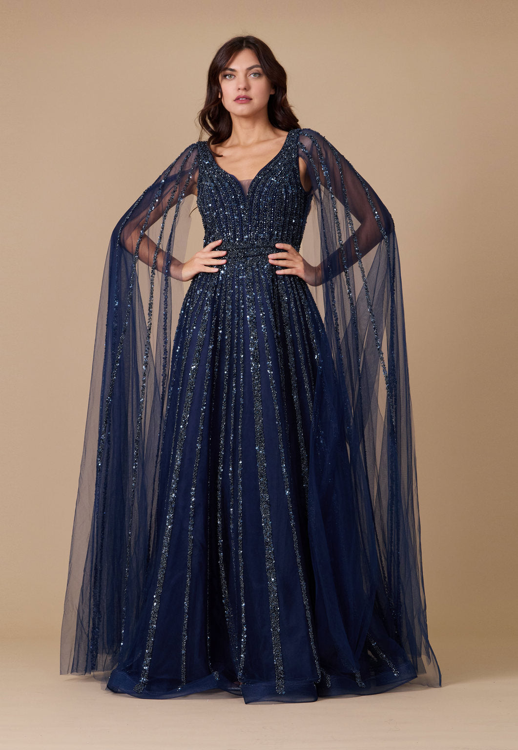 Navy Cape Sleeve Beaded Evening Gown The Dress Outlet Navy Cape Sleeve Beaded Evening Gown The Dress Outlet