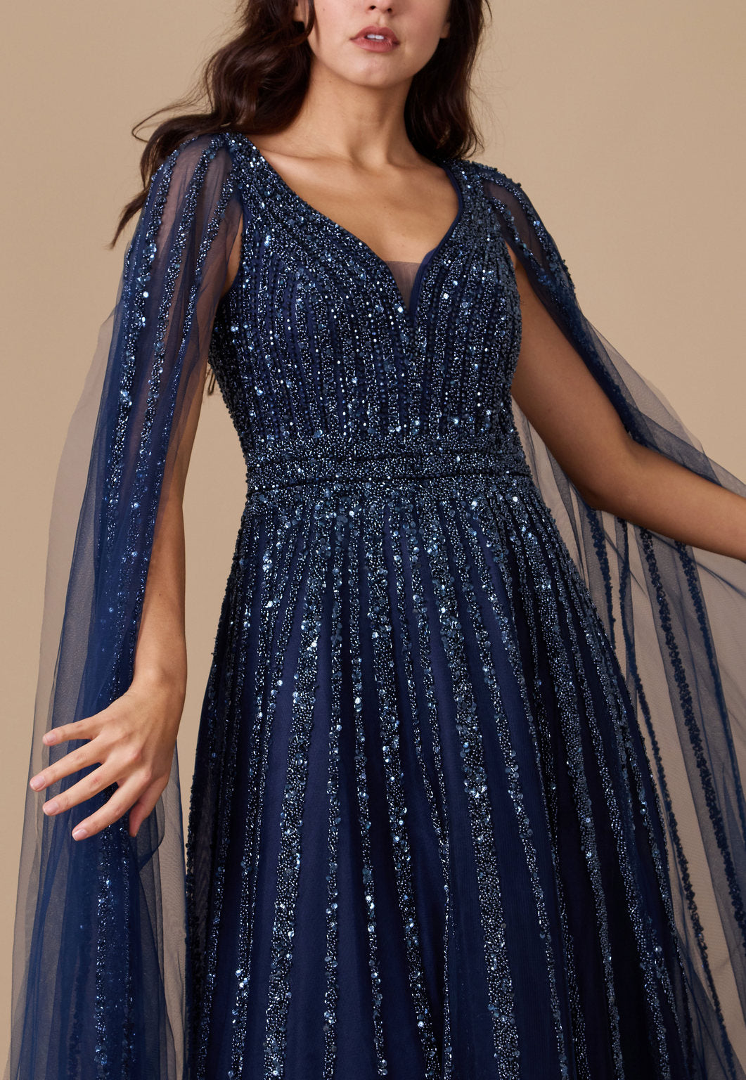 Formal Dresses Cape Sleeve Heavy Beaded Couture Formal Dress Navy