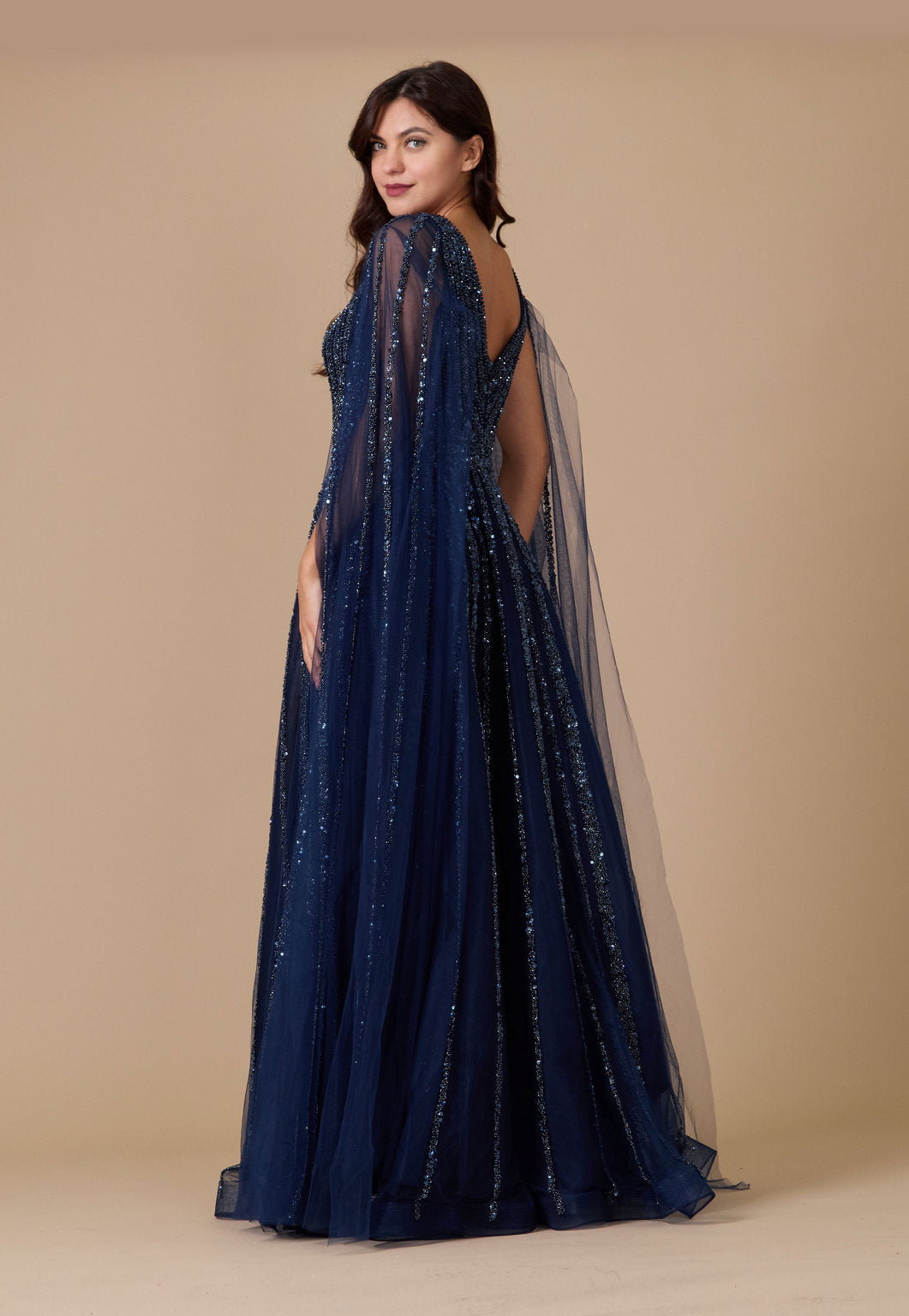 Formal Dresses Cape Sleeve Heavy Beaded Couture Formal Dress Navy