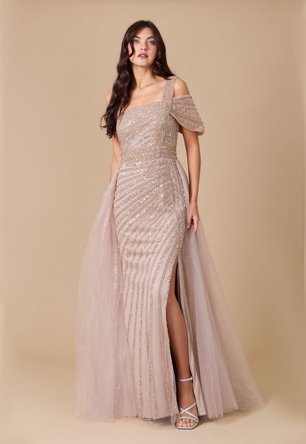 Gold One Shoulder Hand-Beaded Formal Evening Dress