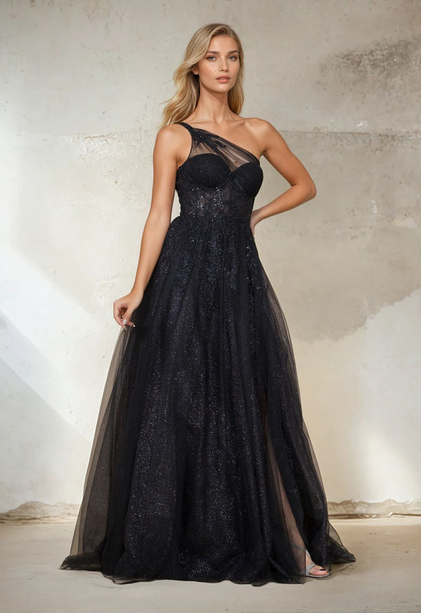 Long Prom One Shoulder Tulle Formal Ball Gown