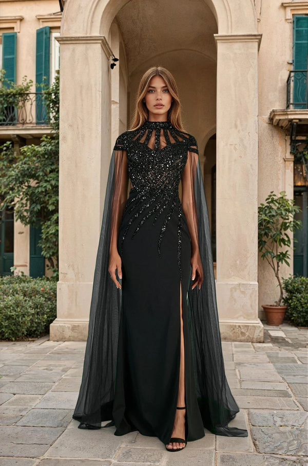 Luxury Couture Beaded Cape Black Fitted Formal Evening Dress