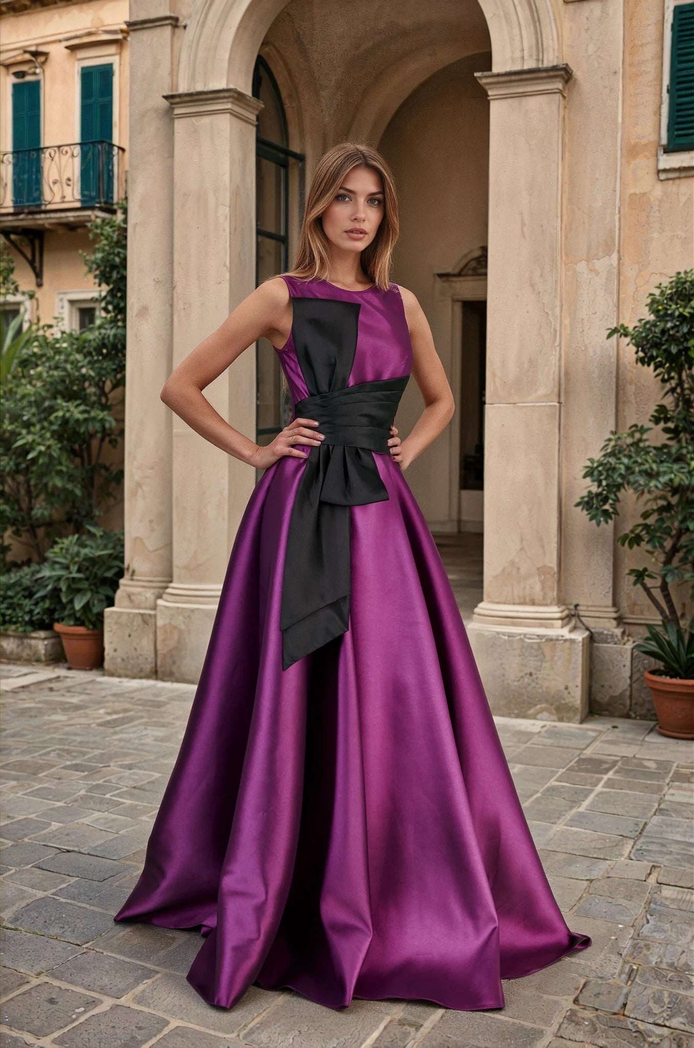 Formal Dresses Long Formal Ball Gown with Statement Bow Eggplant