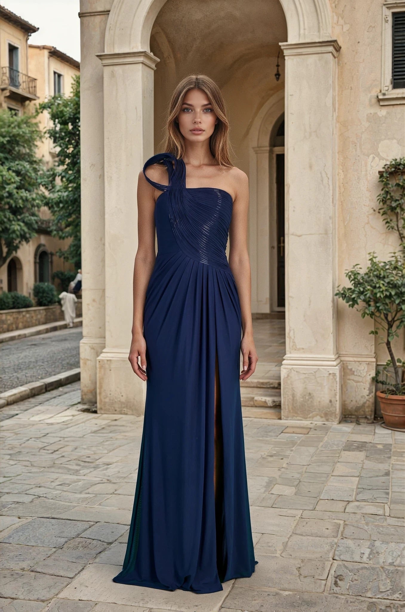 Sculpted Shoulder Formal Evening Dress