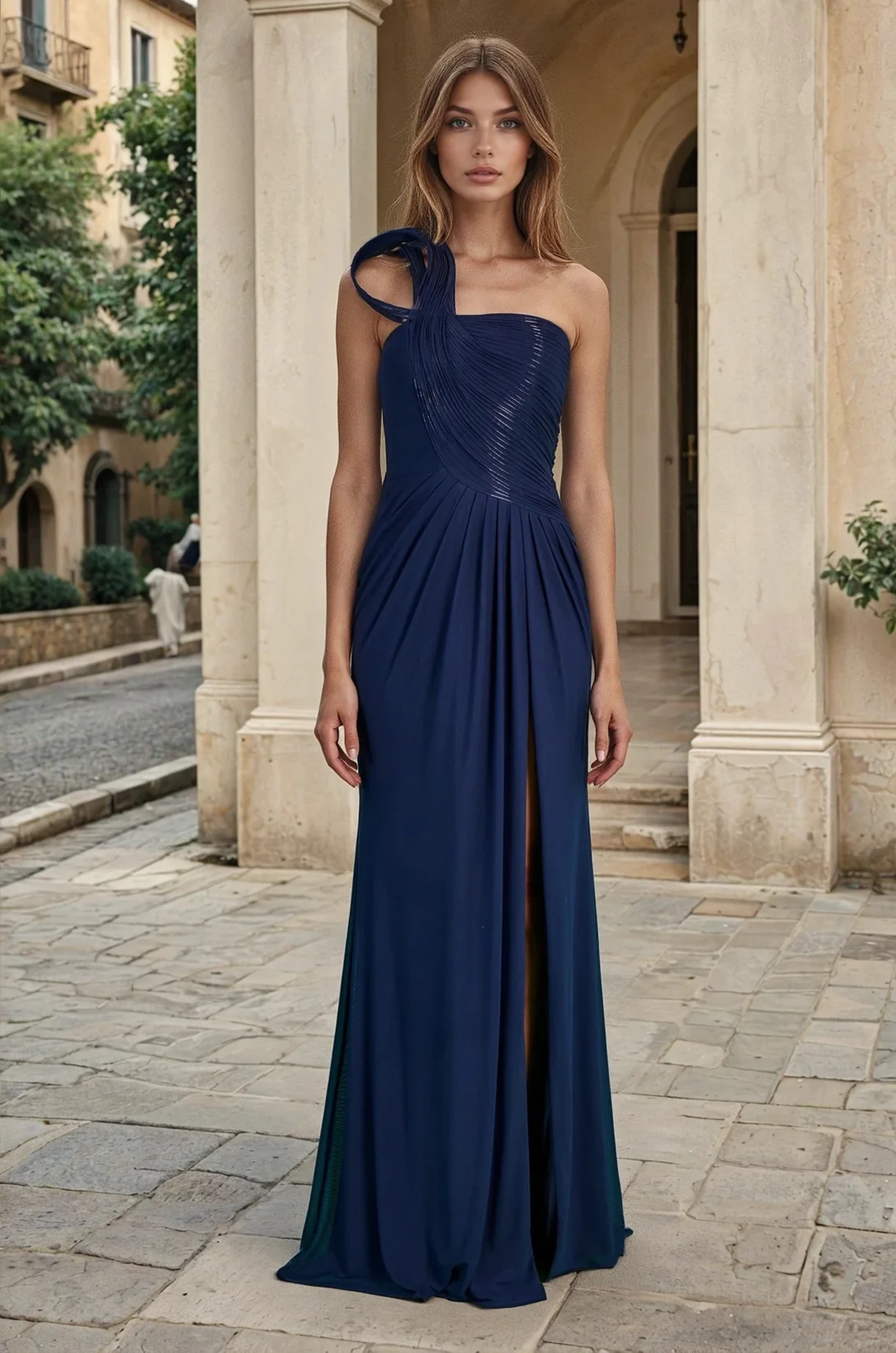 Elegant Sculpted Shoulder Evening Gown for Party, Gala & Wedding in Navy