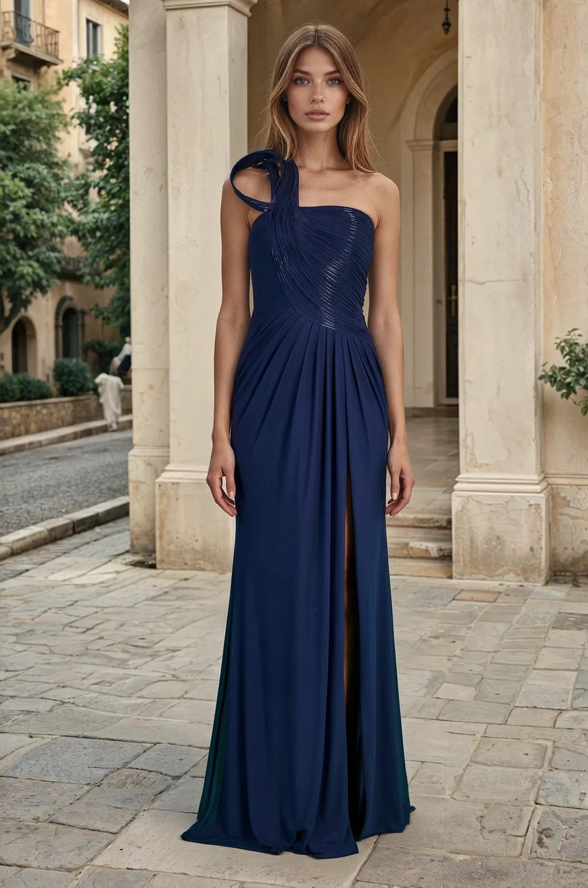 Elegant Sculpted Shoulder Evening Gown for Party, Gala & Wedding