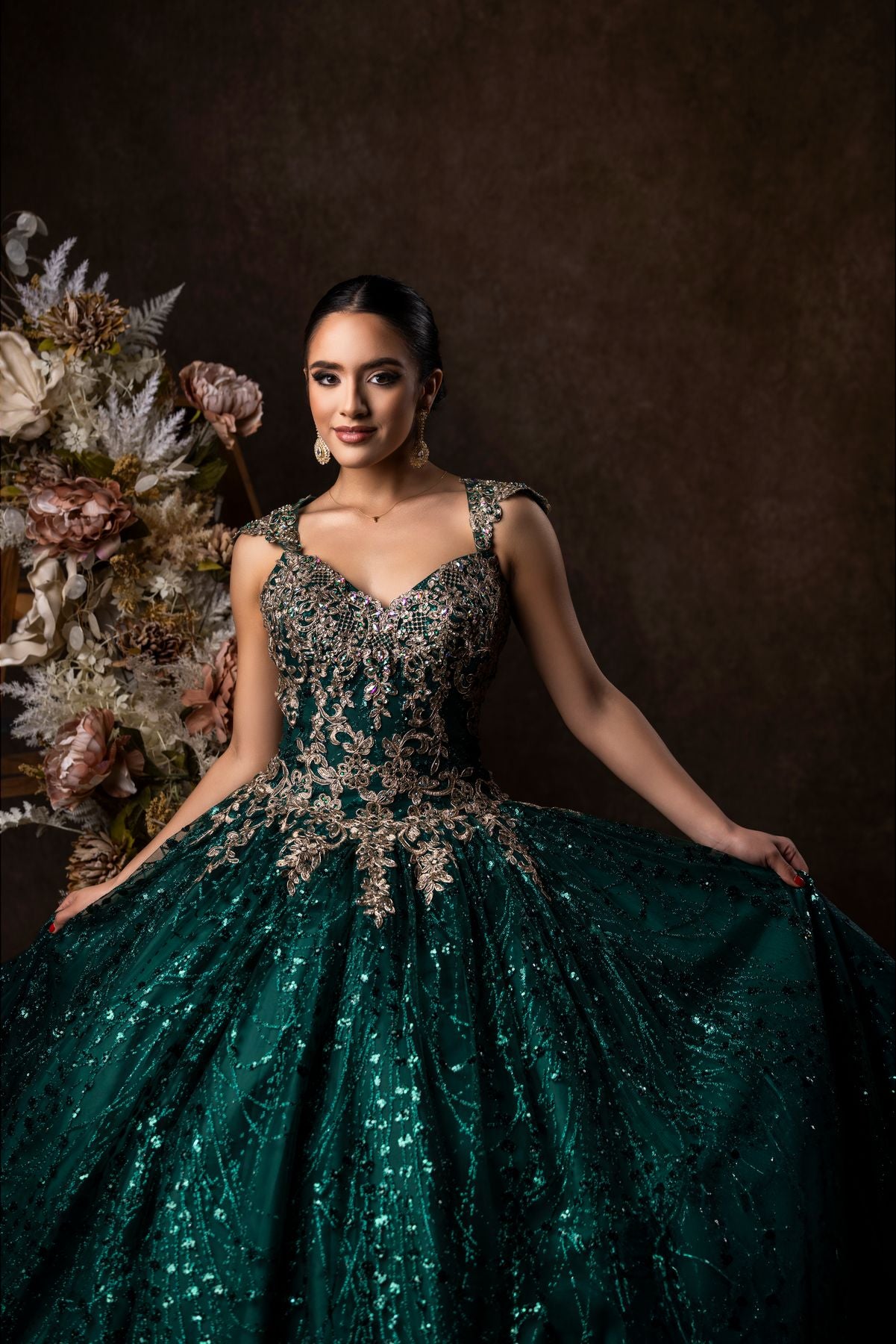Quinceniera Dresses Long Cap Sleeve Quinceanera Ball Gown Hunter Green