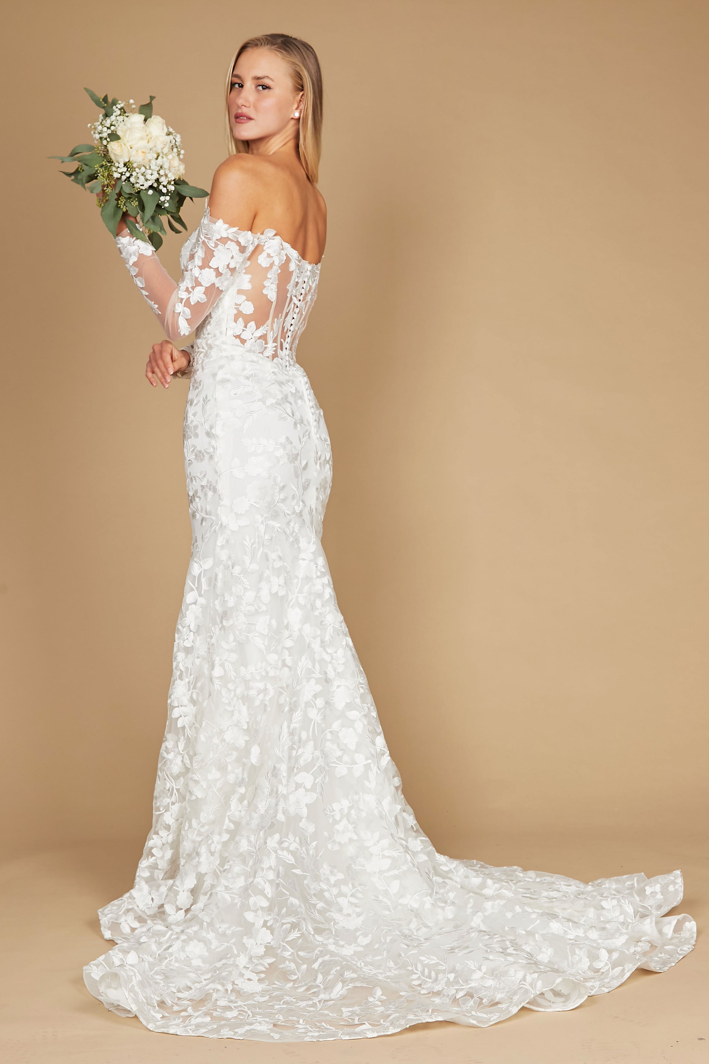Off White Lace Long Off Shoulder Mermaid Wedding Dress for $299.99
