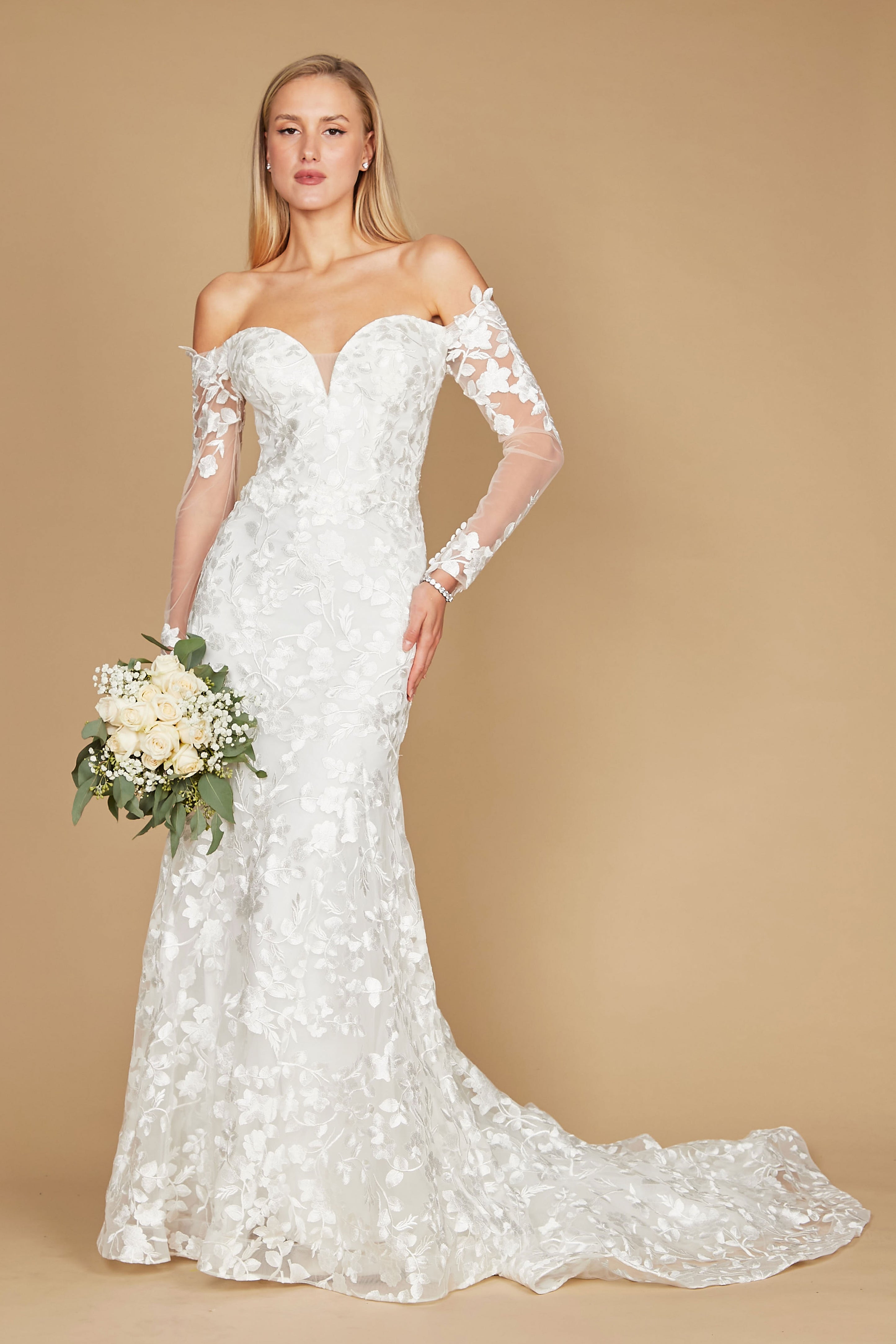 Chic Mermaid Off The Shoulder White Wedding Dress With Long Sleeves