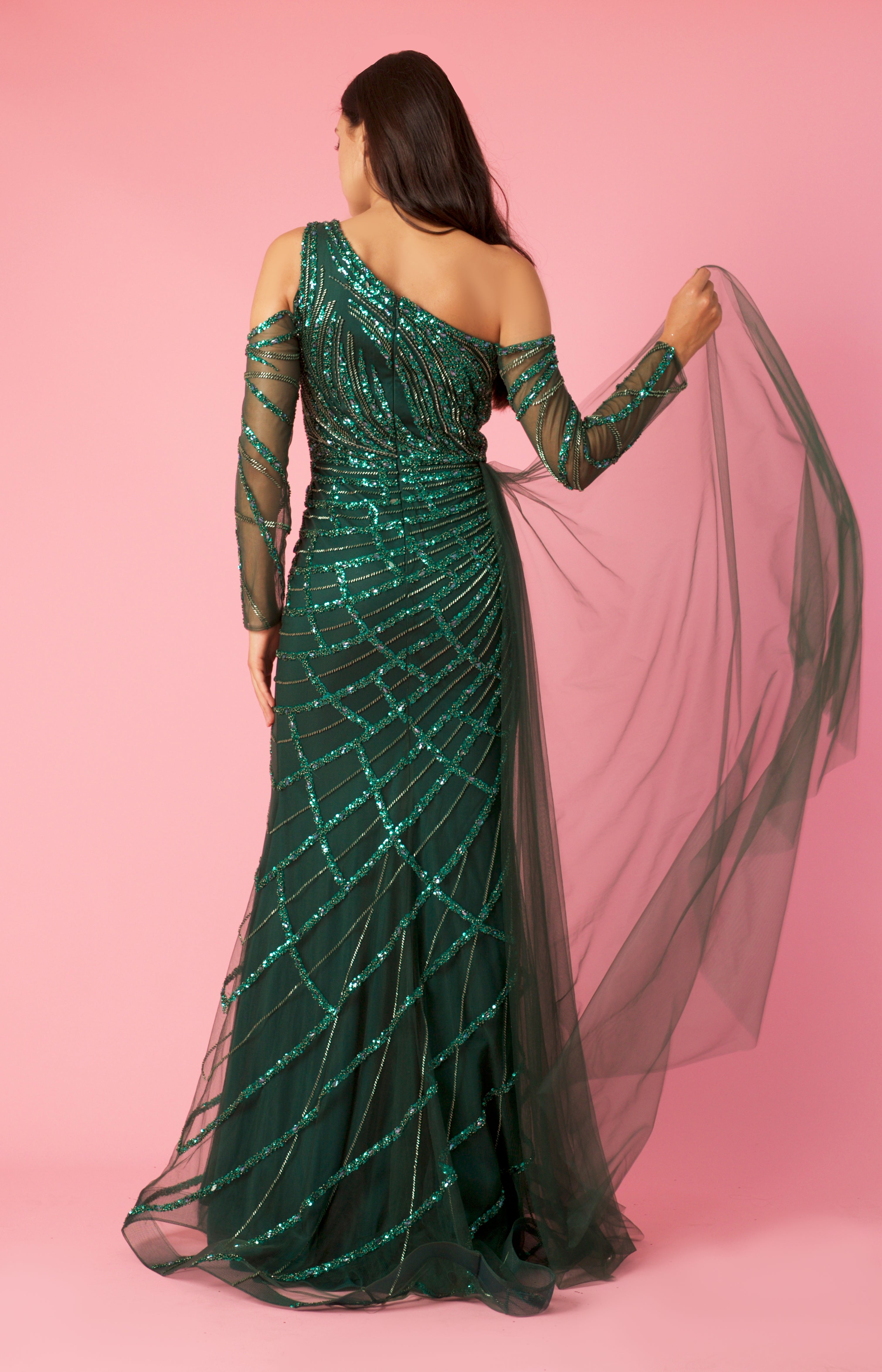 Sage Long Couture Long Sleeve Hand Beaded Formal Dress for $249.99
