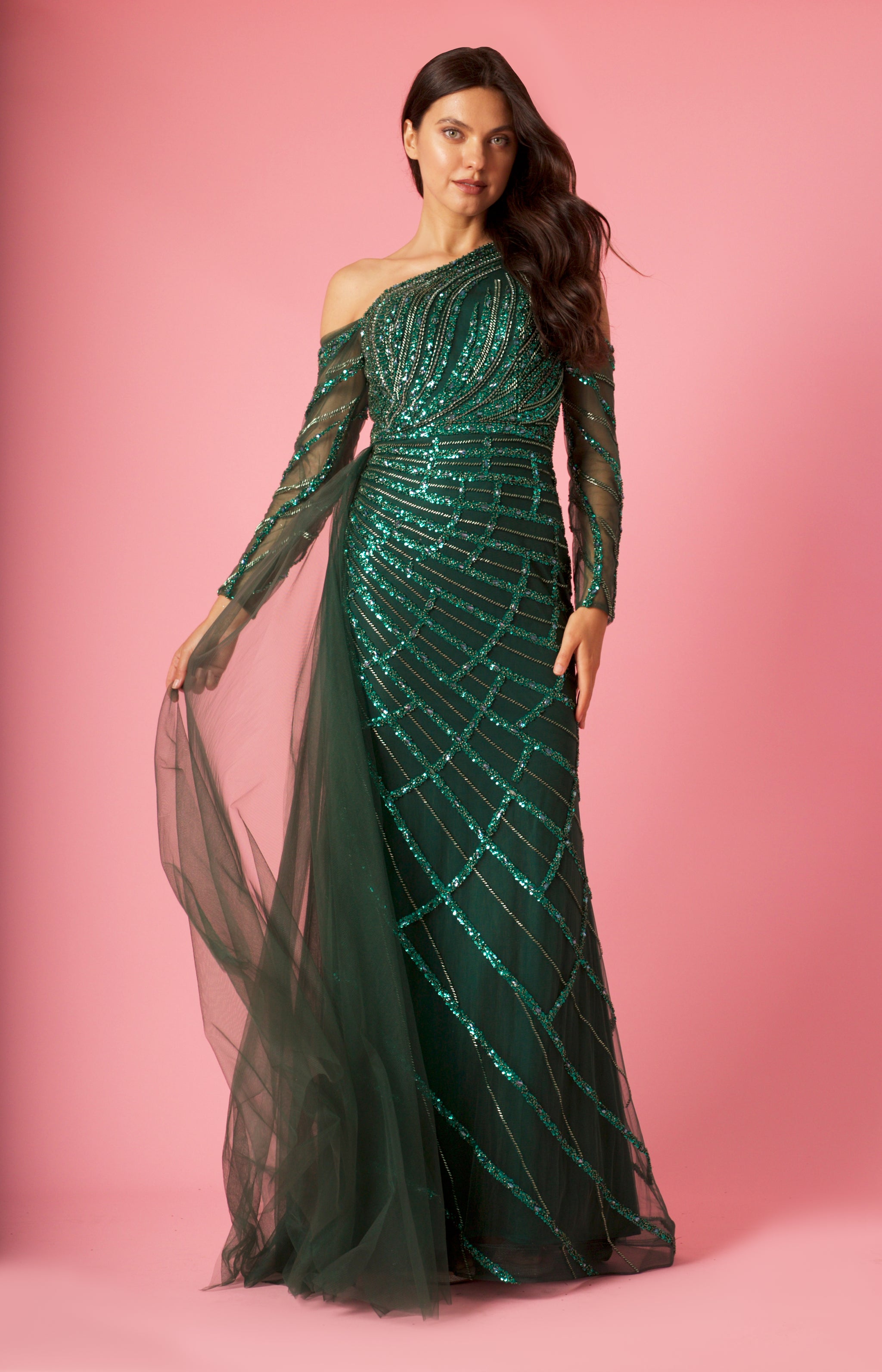 Emerald Green Long Couture Long Sleeve Hand Beaded Formal Dress for