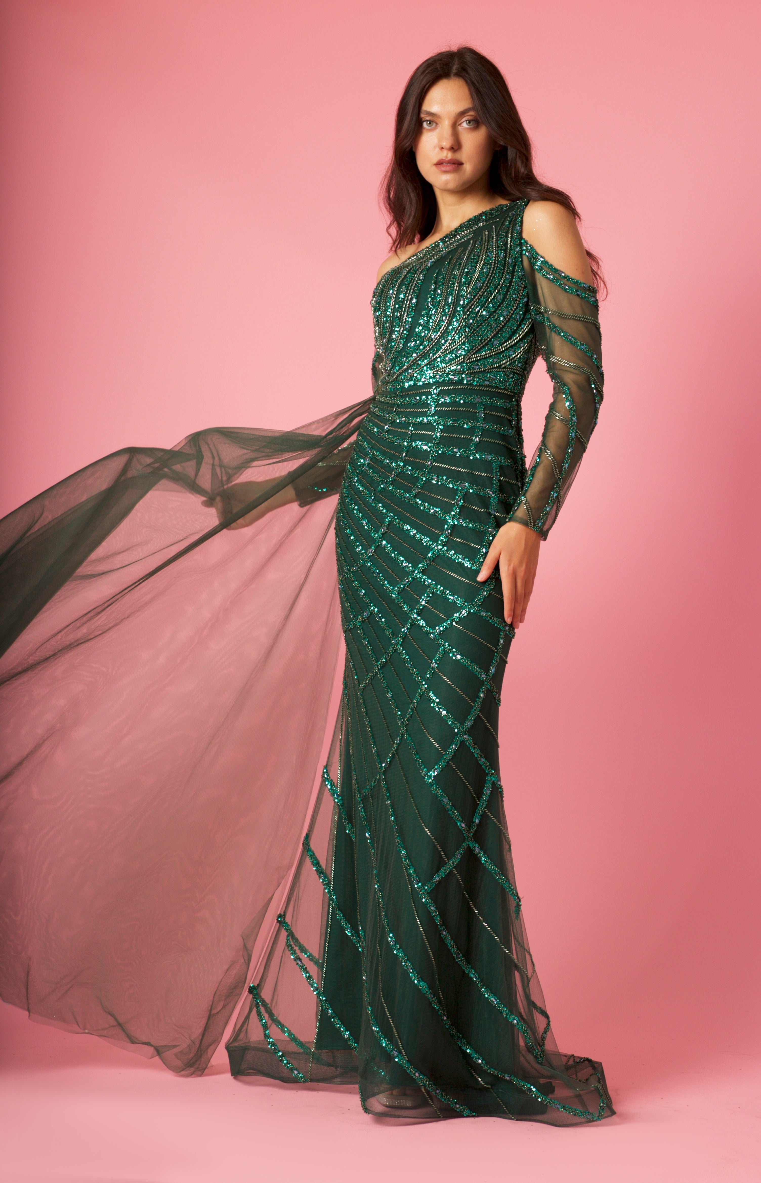 Formal Dresses Long Couture Long Sleeve Beaded Formal Dress Emerald Green