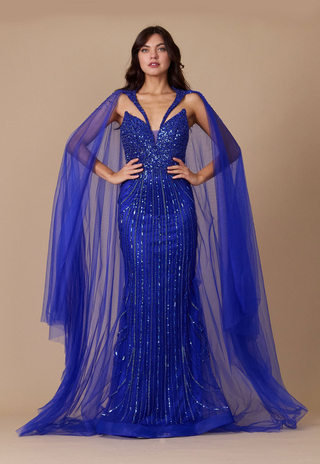 Long Sequin Cape Couture Evening Dress