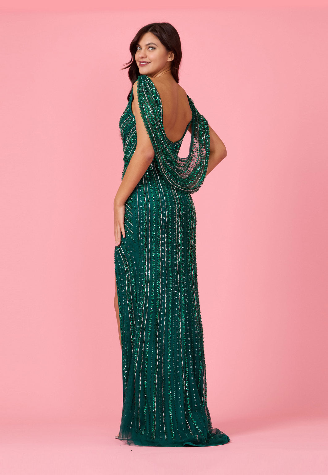 Emerald Green Long Couture Formal Hand Beaded Evening Dress Emerald