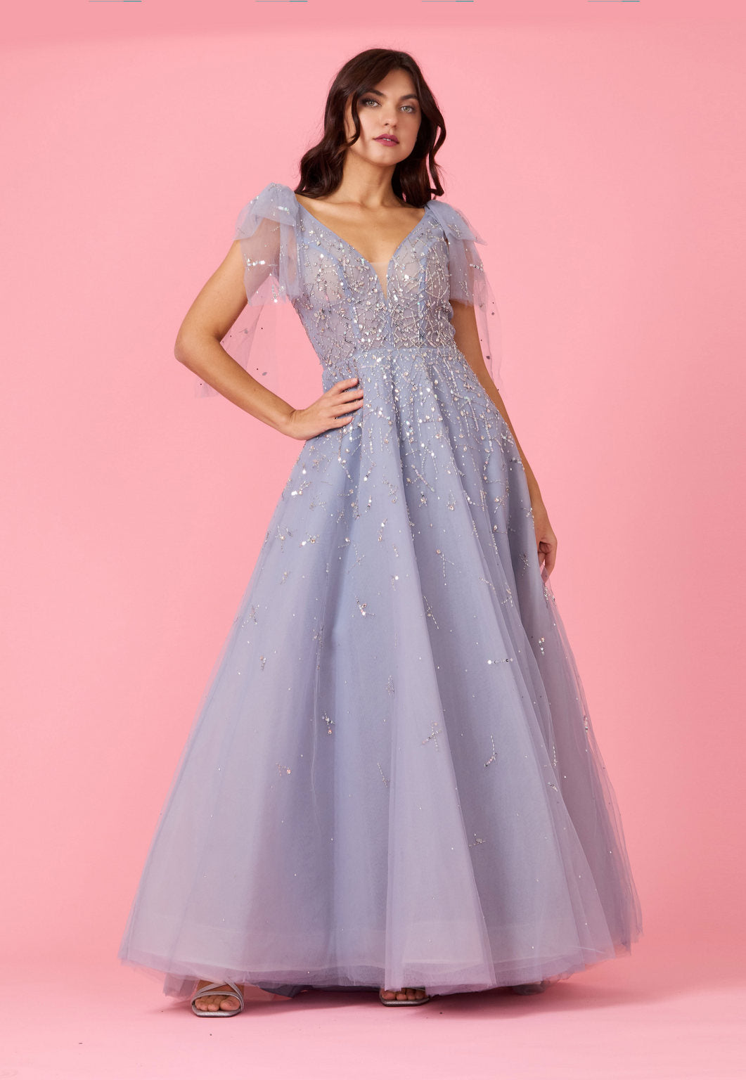 Short Sleeve Silver Formal Evening Dress