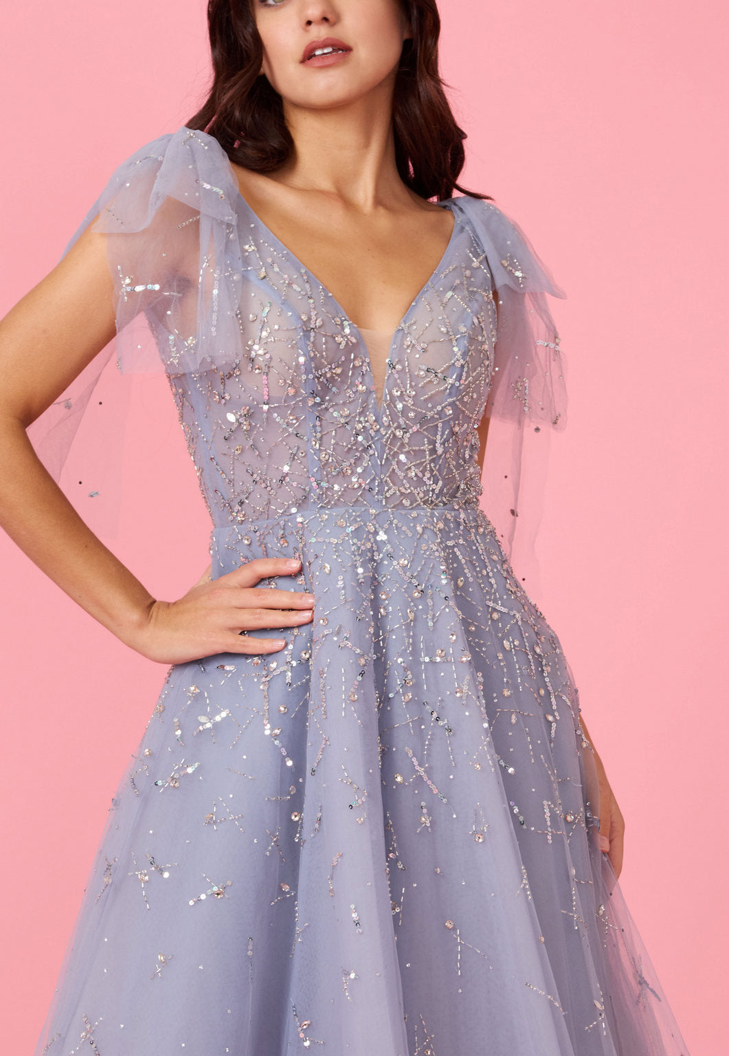 Short Sleeve Silver Formal Evening Dress
