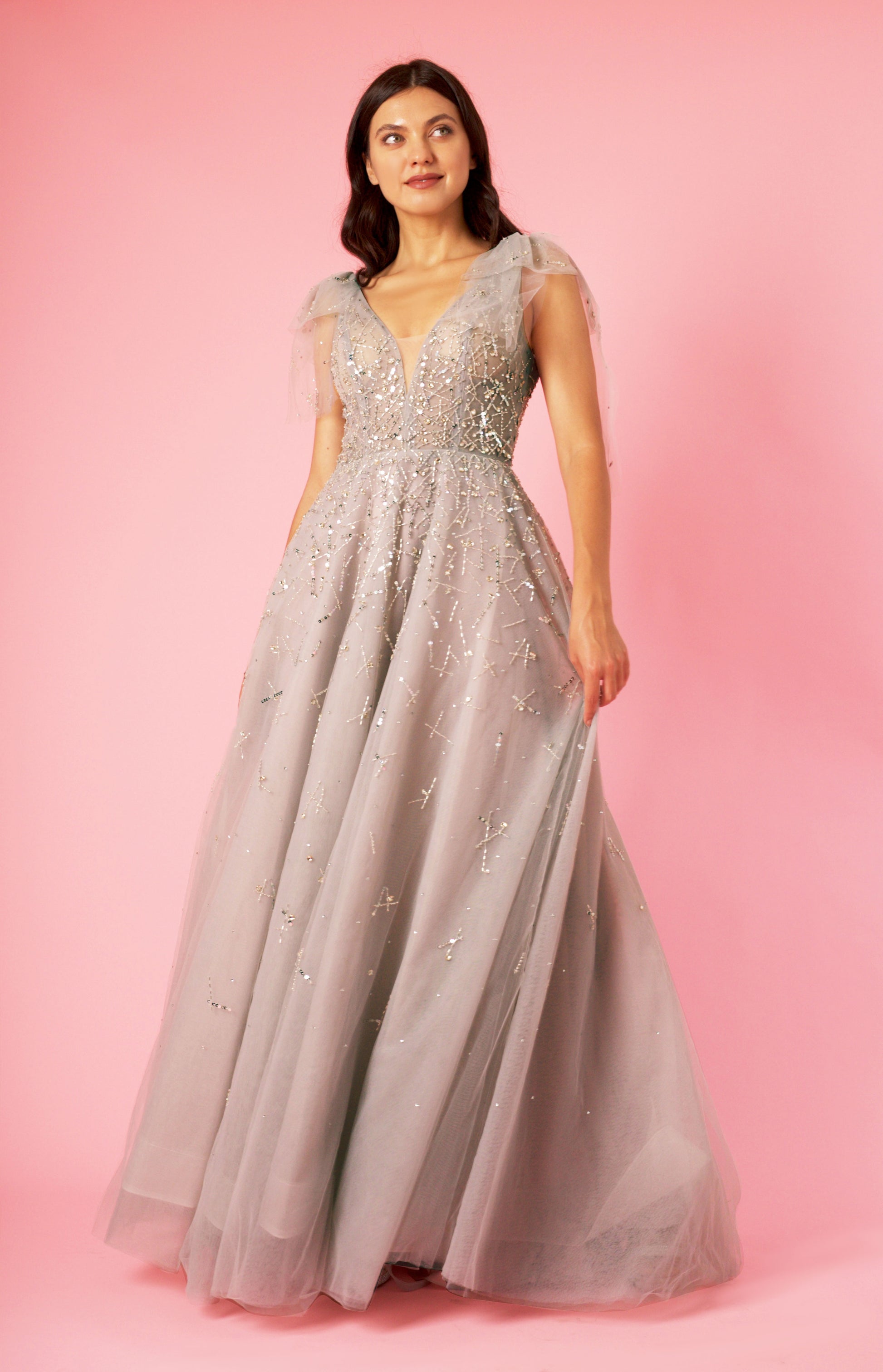 Short Sleeve Silver Formal Evening Dress