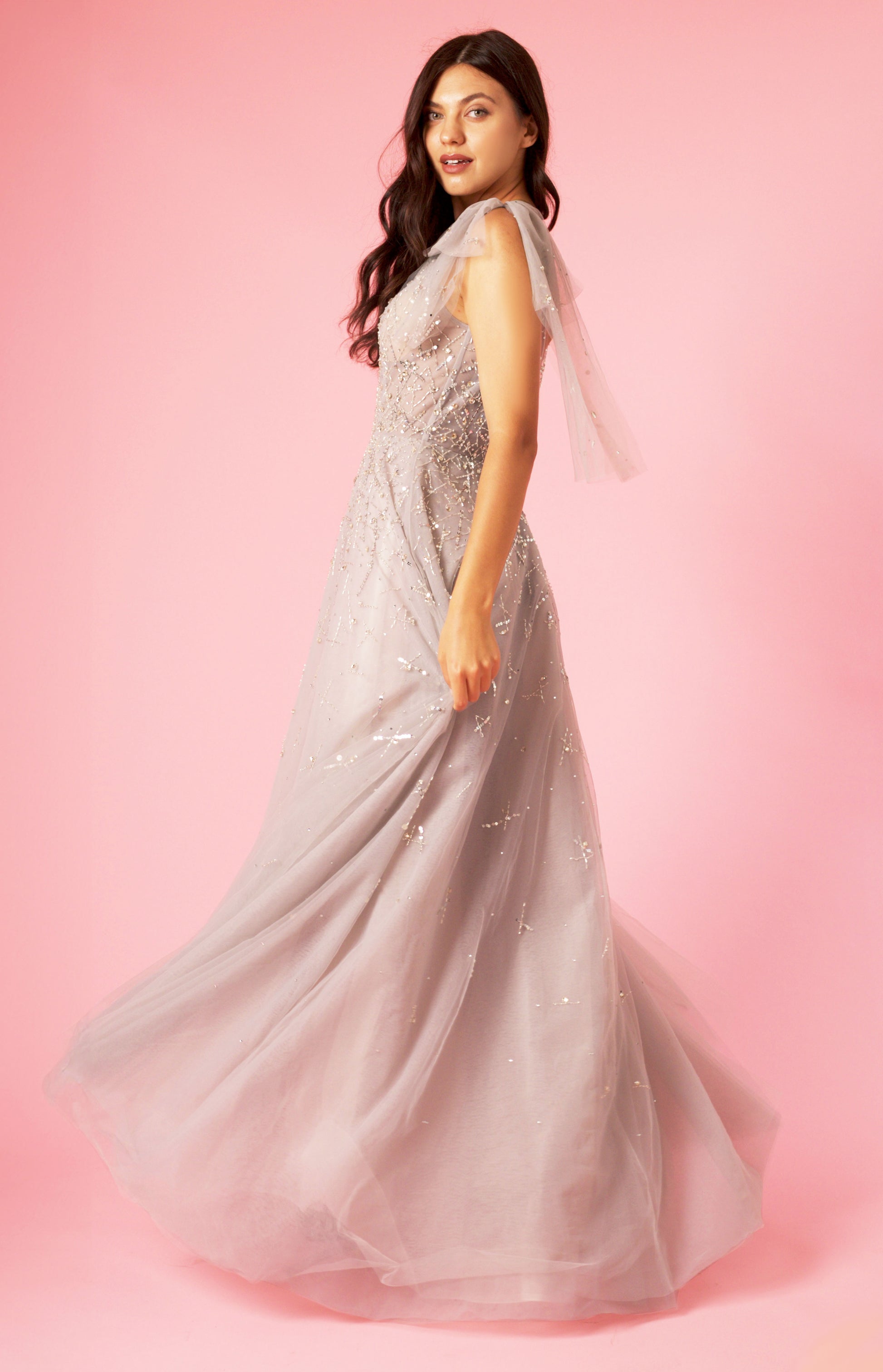 Short Sleeve Silver Formal Evening Dress