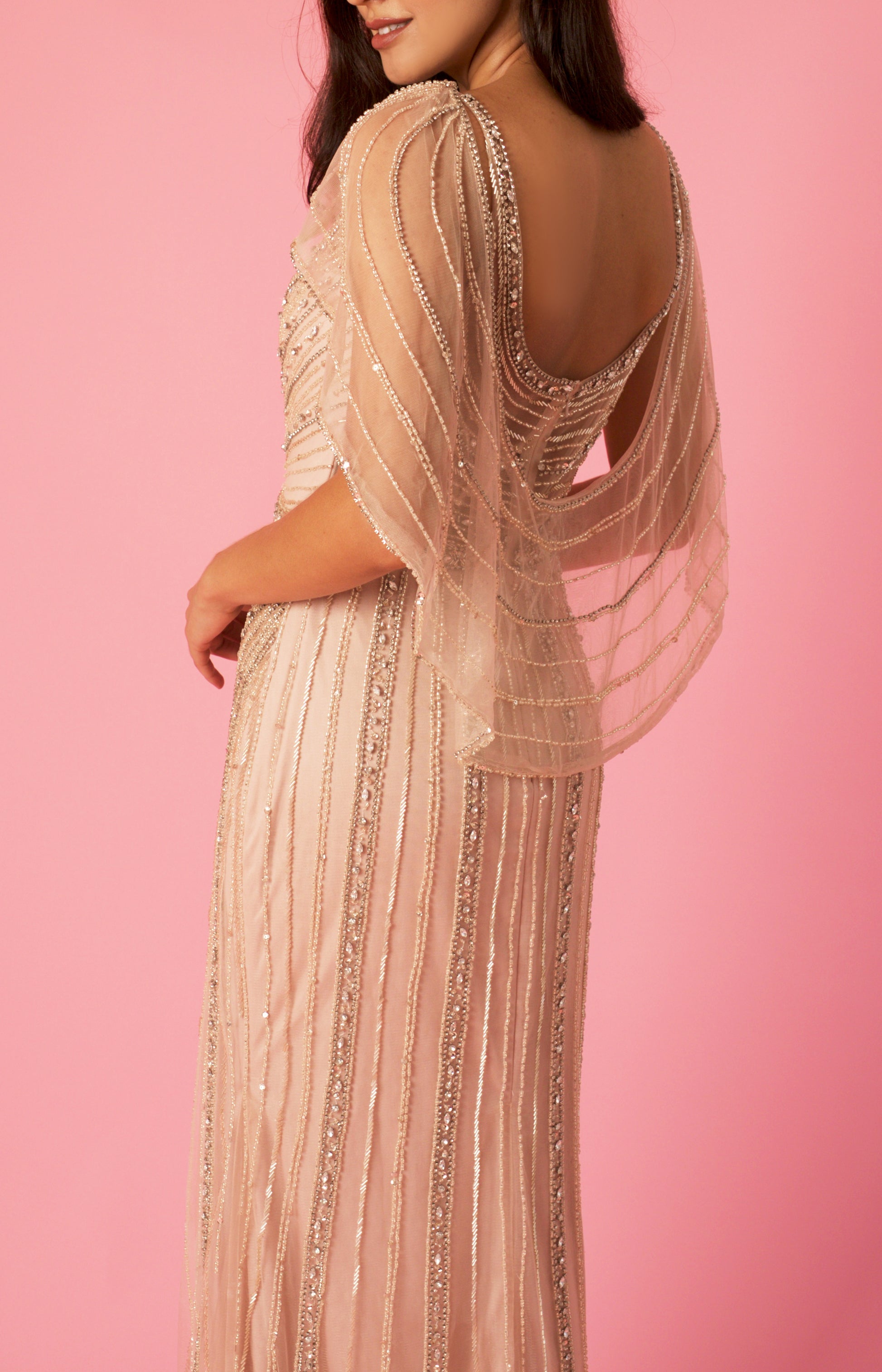 Long Couture Hand Beaded Formal Cape Dress