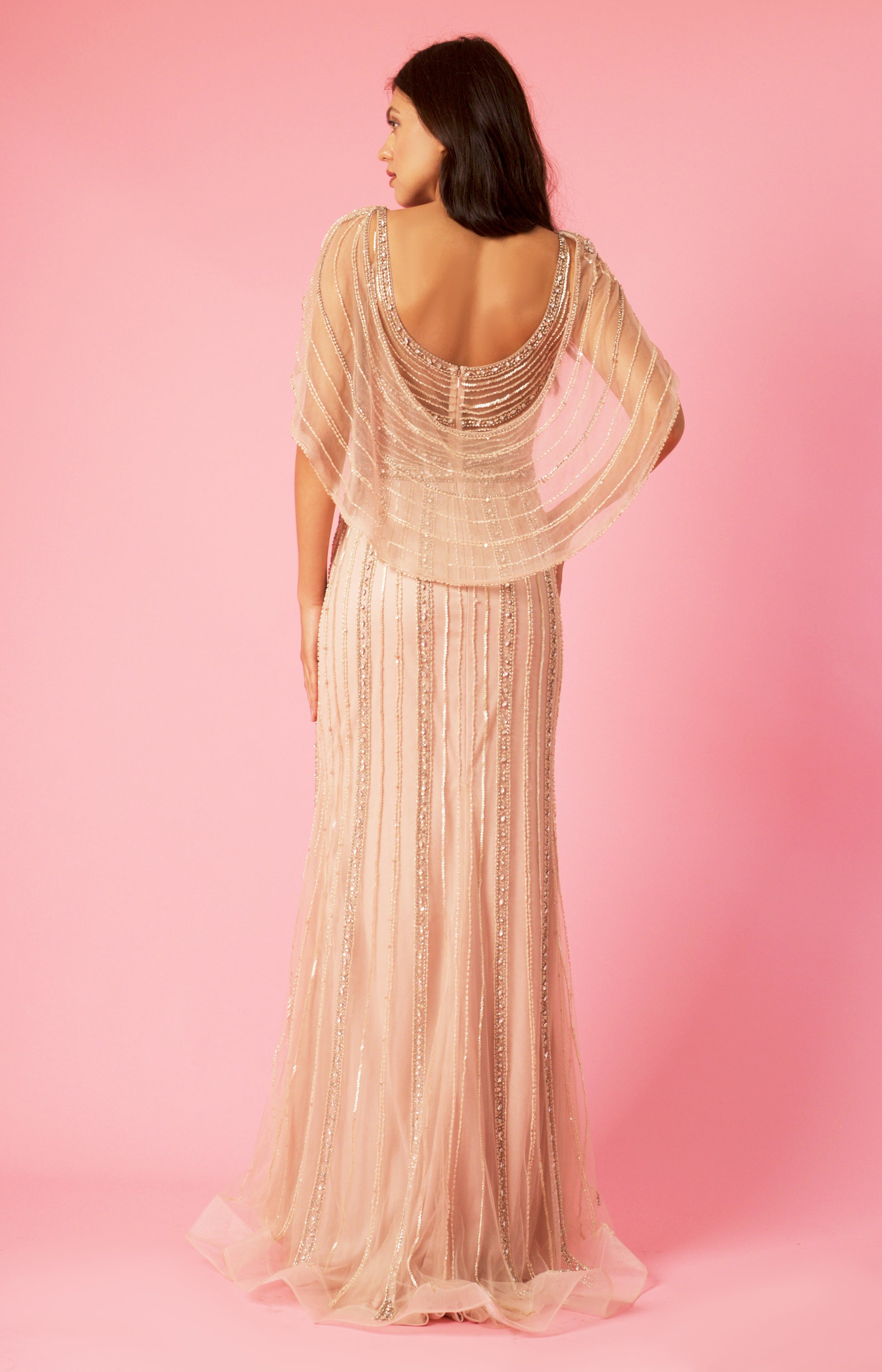 Long Couture Hand Beaded Formal Cape Dress
