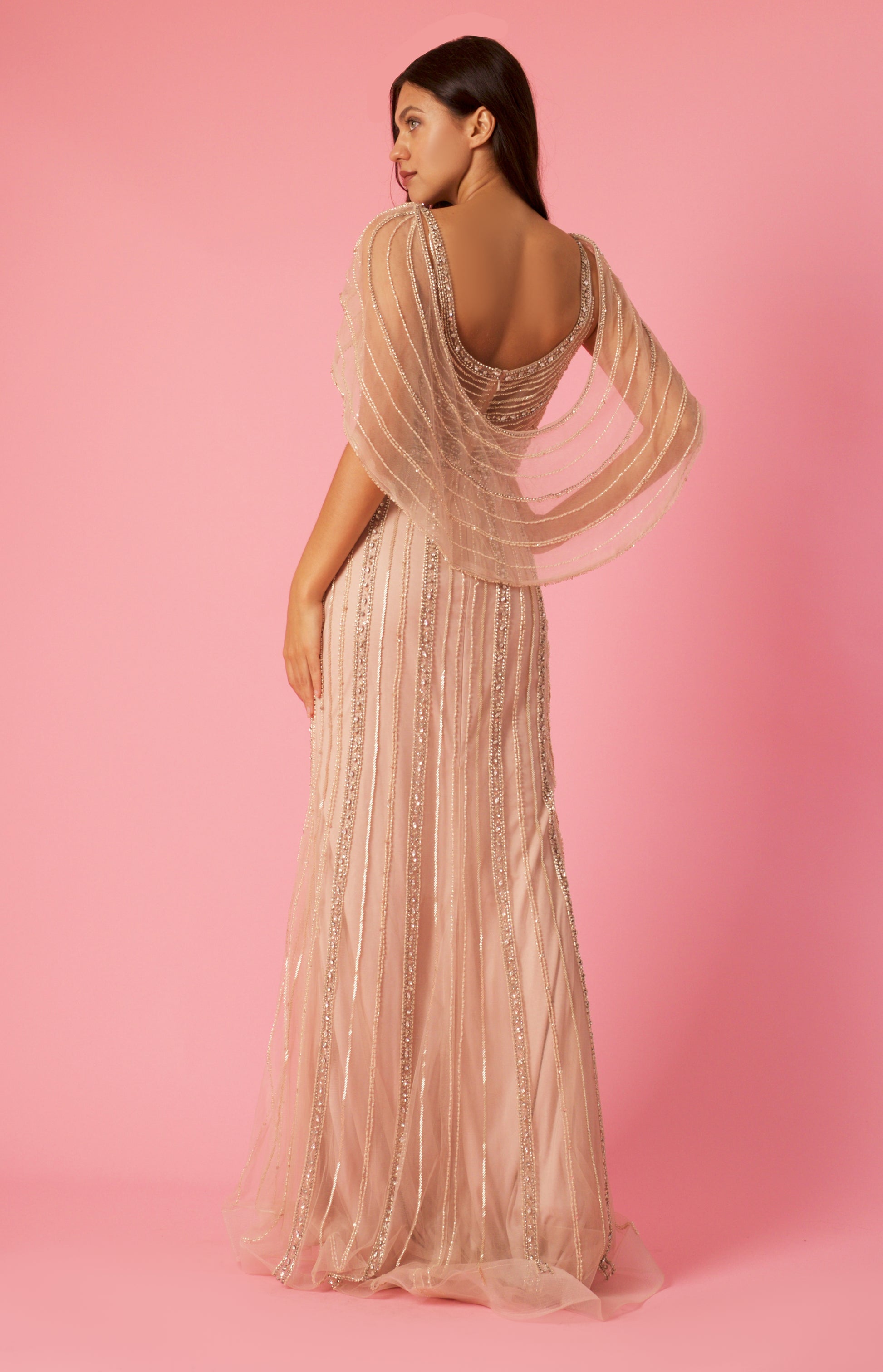 Long Couture Hand Beaded Formal Cape Dress