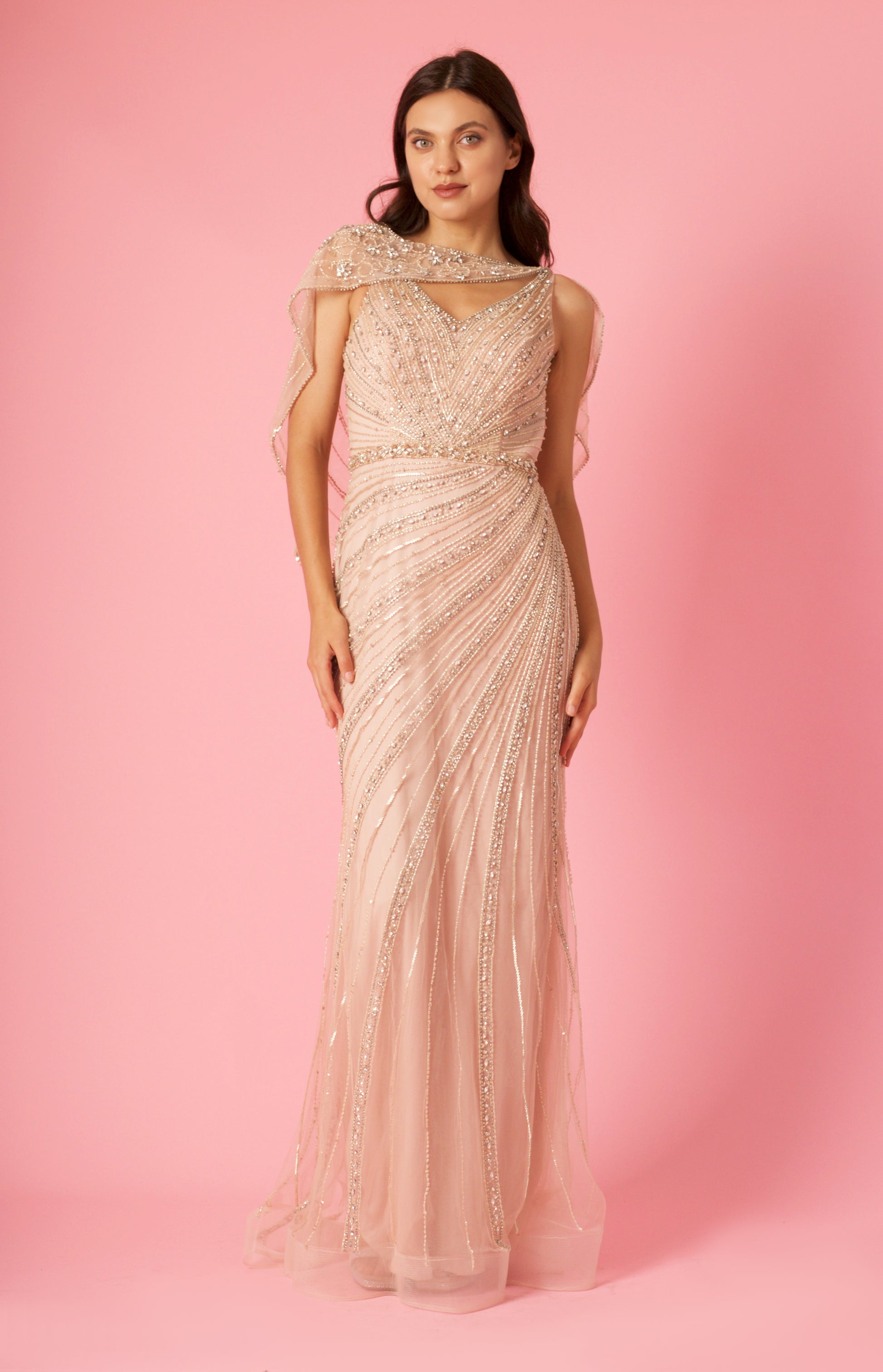 Long Couture Hand Beaded Formal Cape Dress