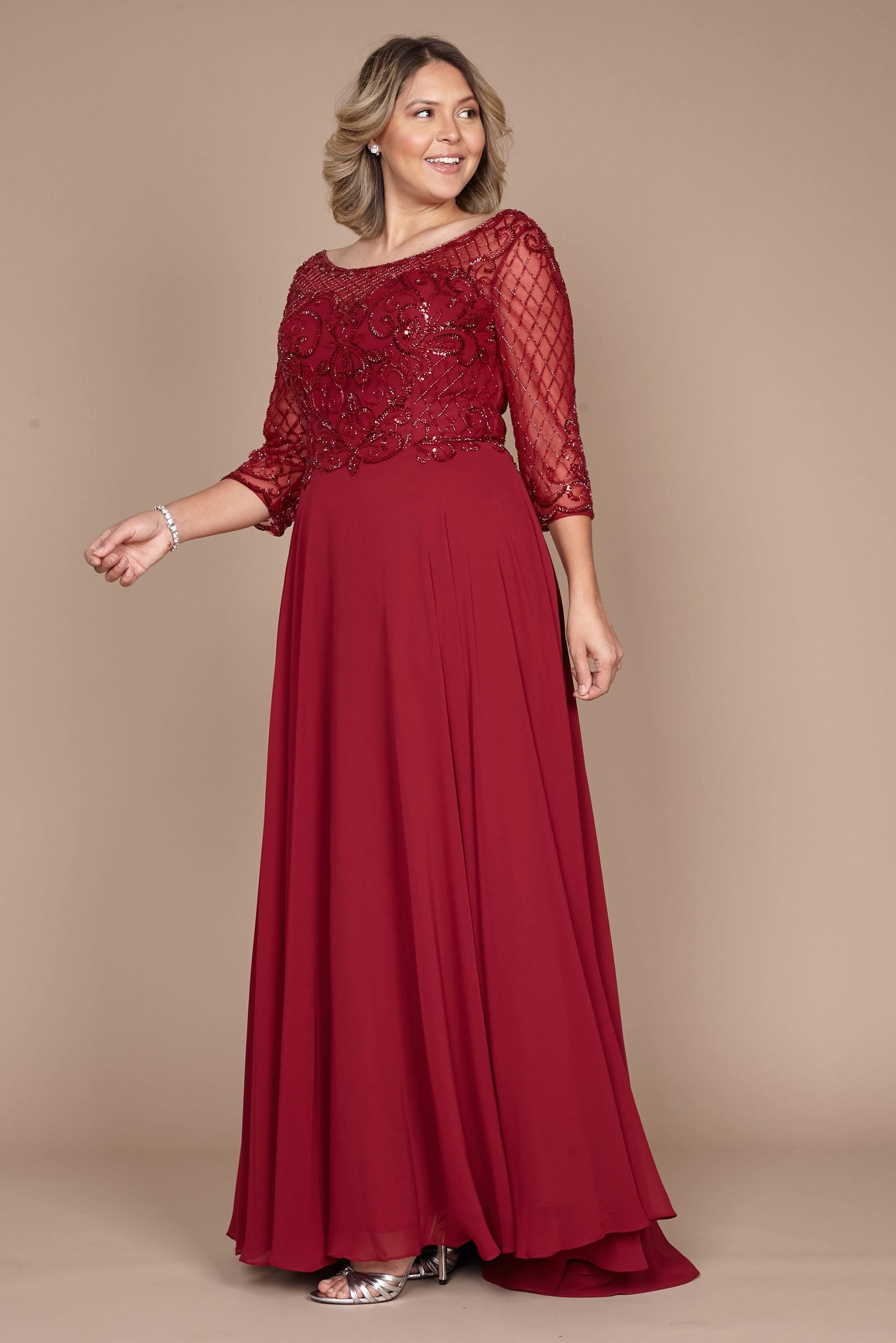 Elegant long sleeve mother of the bride dress in rich burgundy, adorned with intricate hand-beaded detailing, showcasing a sophisticated silhouette perfect for a formal wedding.