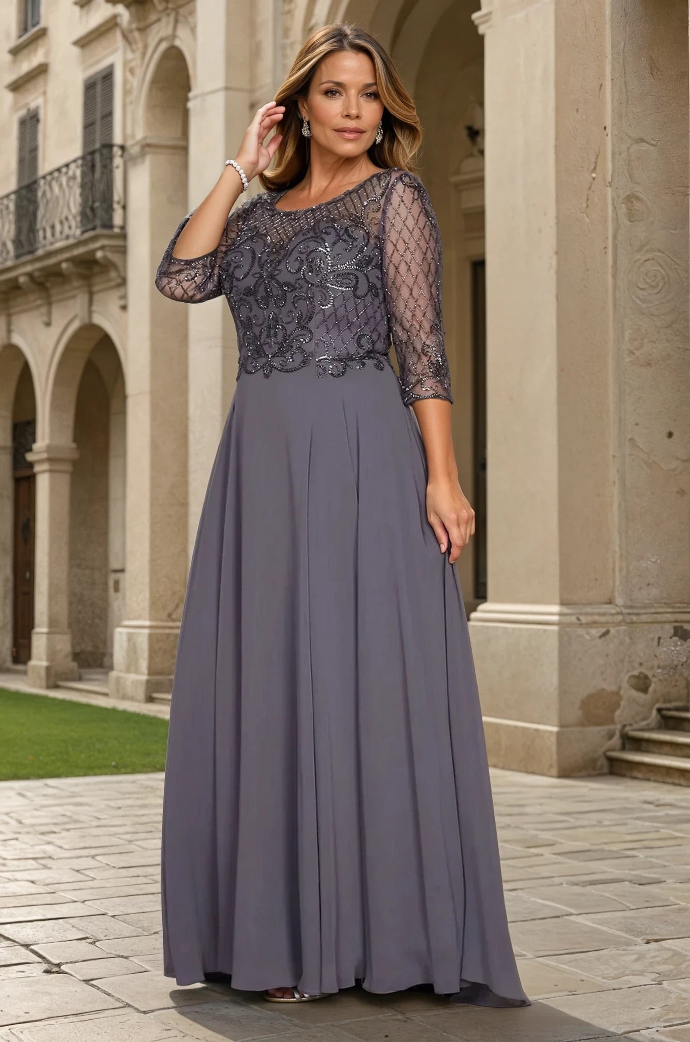 Hand Beaded Long Sleeve Mother of the Bride Dress