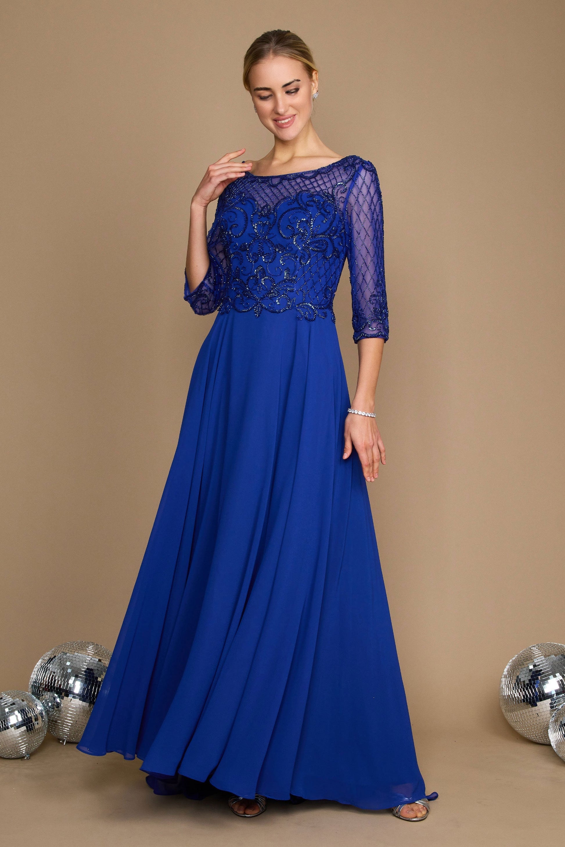 Hand Beaded Long Sleeve Mother of the Bride Dress