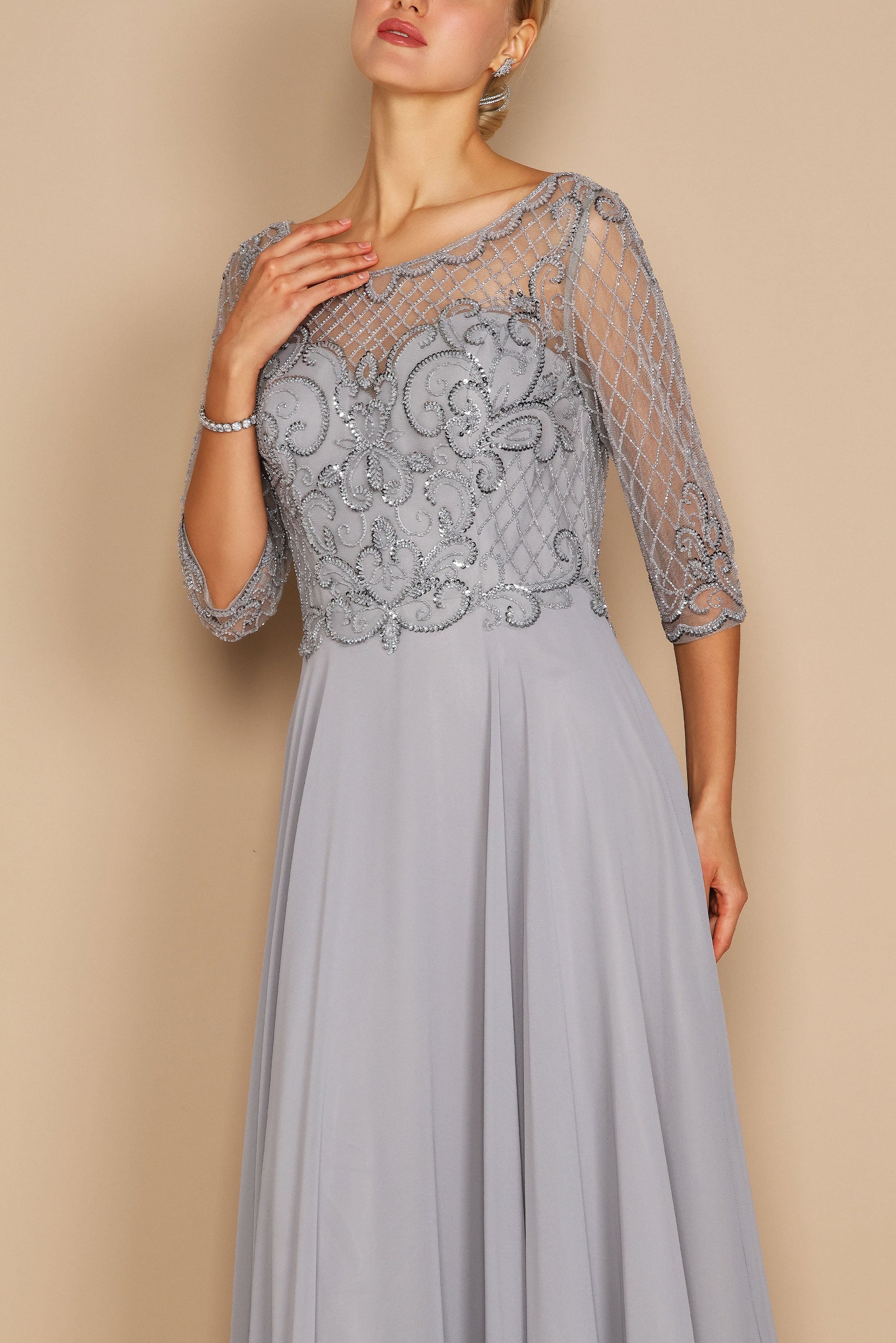 Hand Beaded Long Sleeve Mother of the Bride Dress