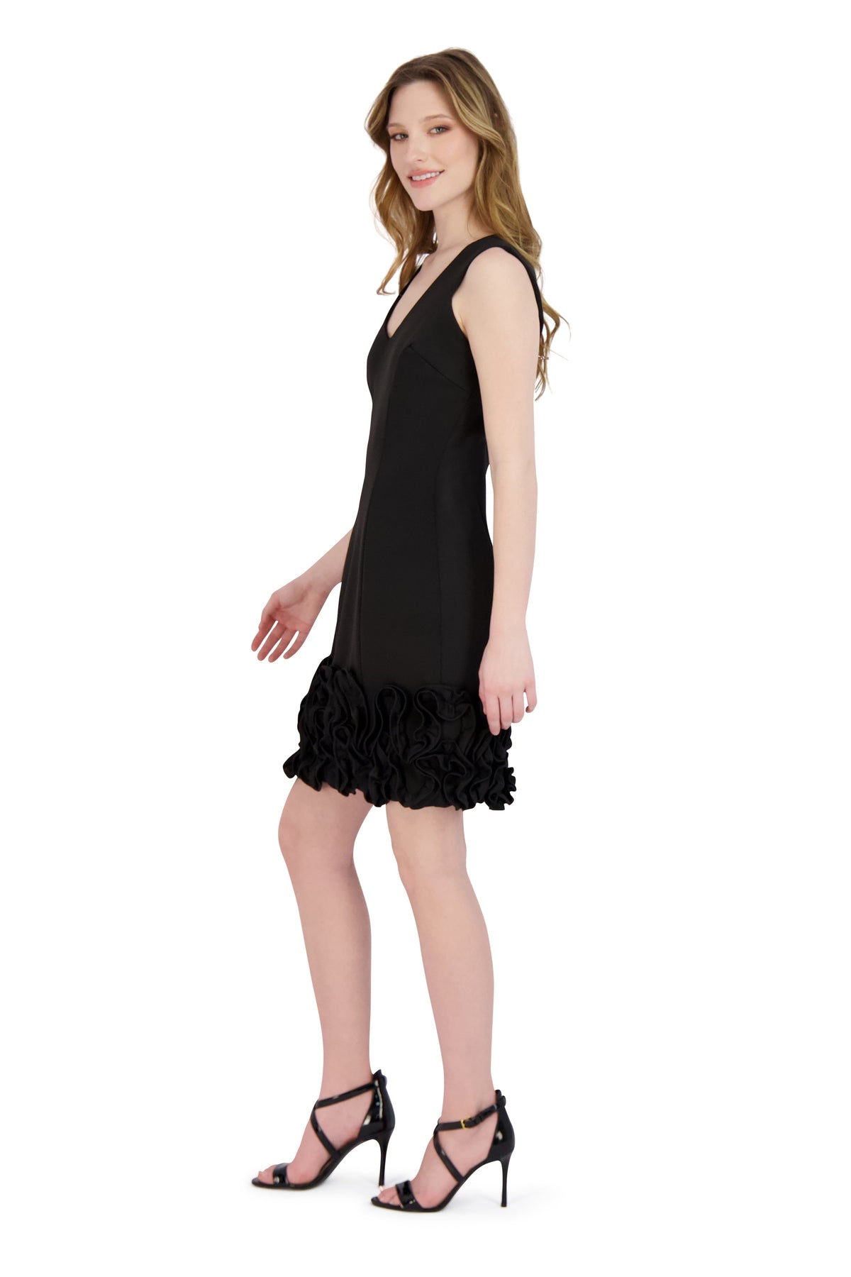 Donna Ricco Sleeveless V-Neck Cupcake Ruffle Hem Scuba Sheath Dress DR50413