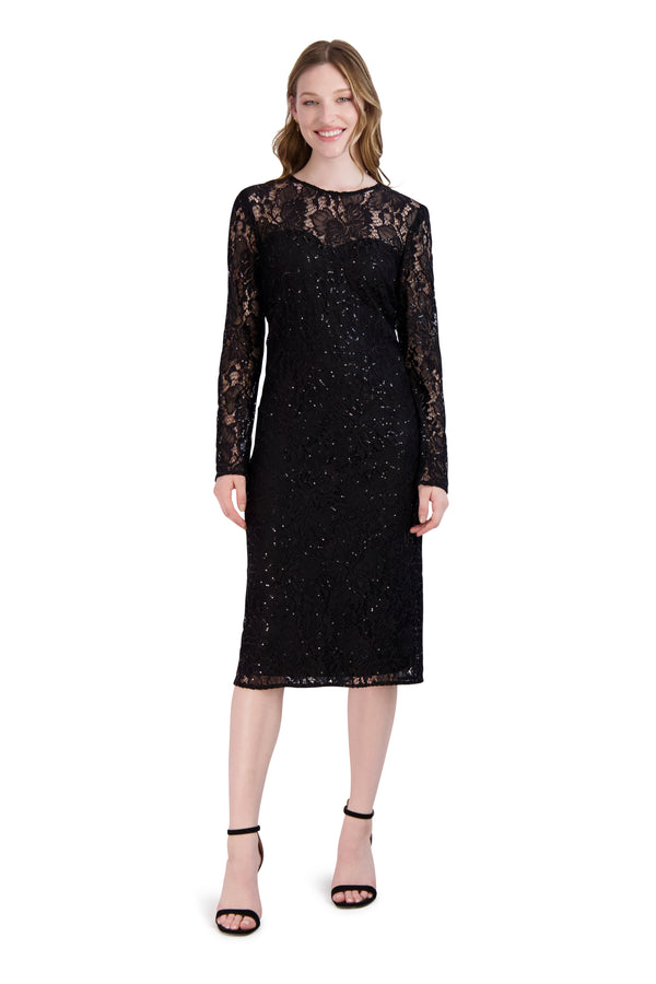 Long Sleeve Sequined Lace Sheath Dress Donna Ricco DR52729