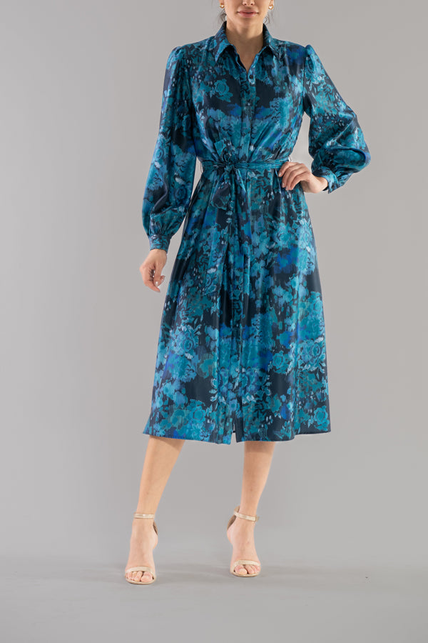 Long Sleeve Printed Belted Shirt Dress Donna Ricco DR53002