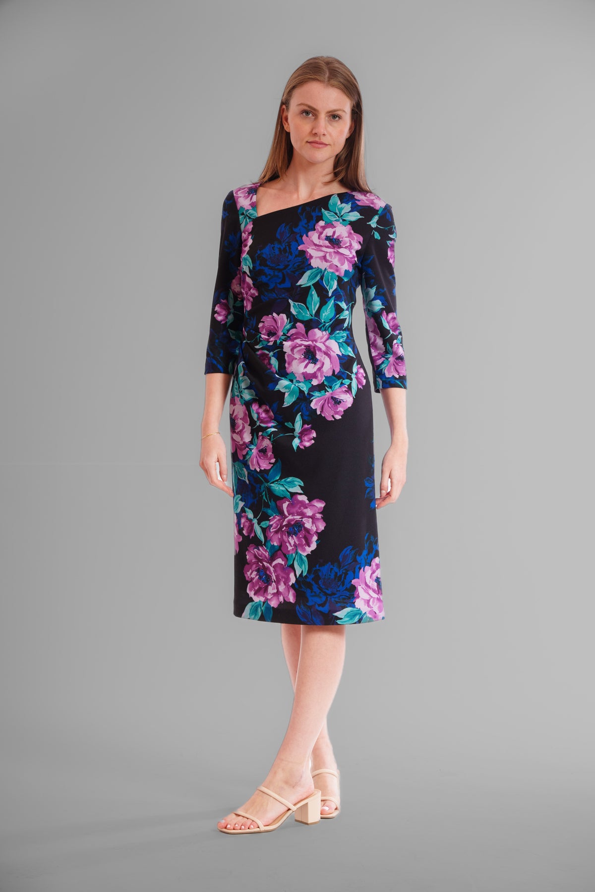 Donna Ricco DR53009 Black Multi floral midi dress front view