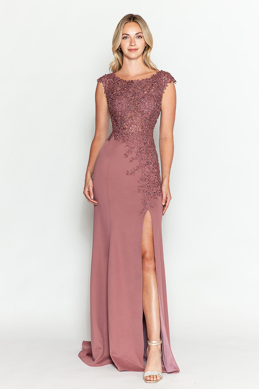 Formal Dresses Beaded Formal Long Floral Dress Lenovia 8343 Dark Mauve-Crepe-8343-Beaded
