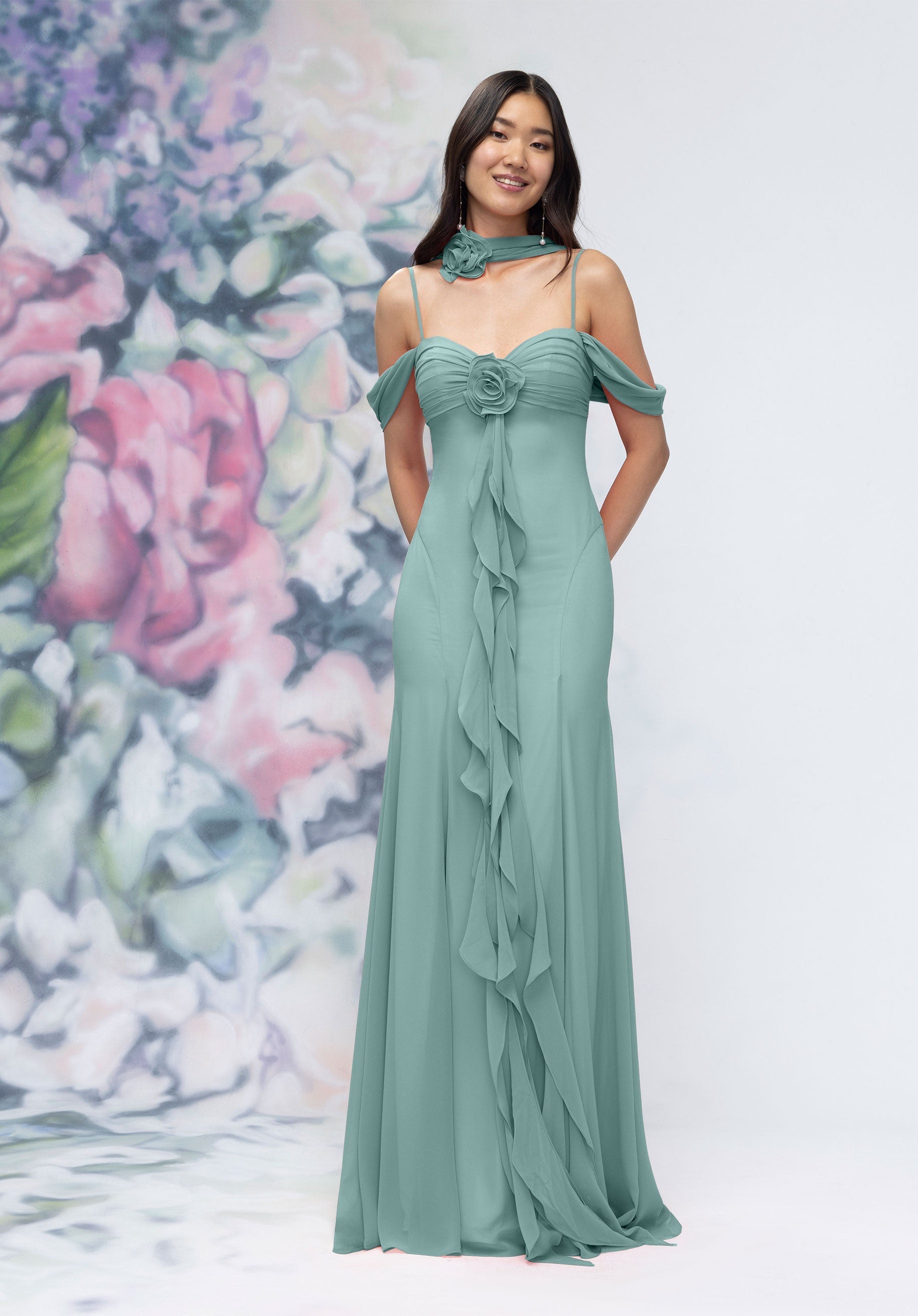 MGNY Madeline Gardner New York 3030000 Ruffle Long Floral Formal Dress - Dew Drop / 16 MGNY Madeline Gardner New York 3030000 Ruffle Long Floral Formal Dress - Dew Drop / 16