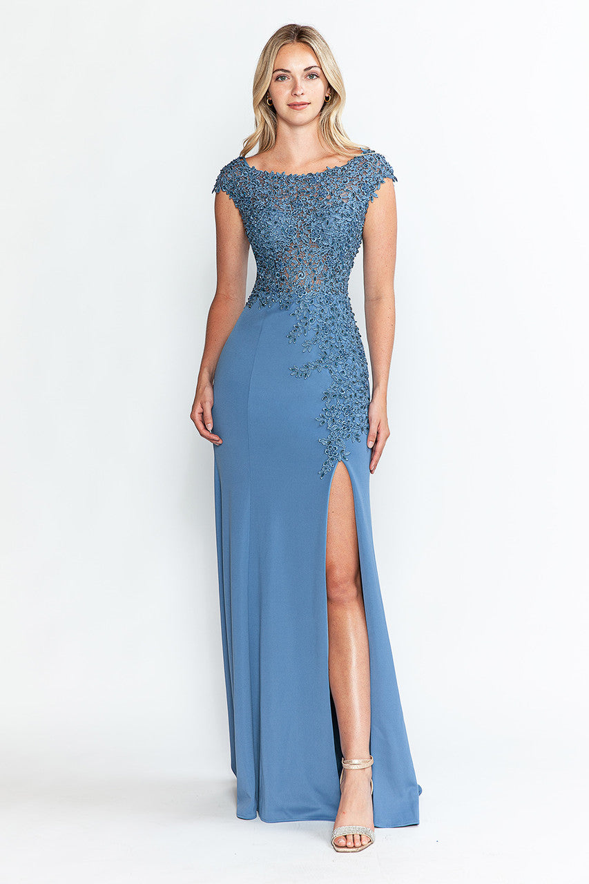 Formal Dresses Beaded Formal Long Floral Dress Lenovia 8343 Denim Blue-Crepe-8343-Beaded