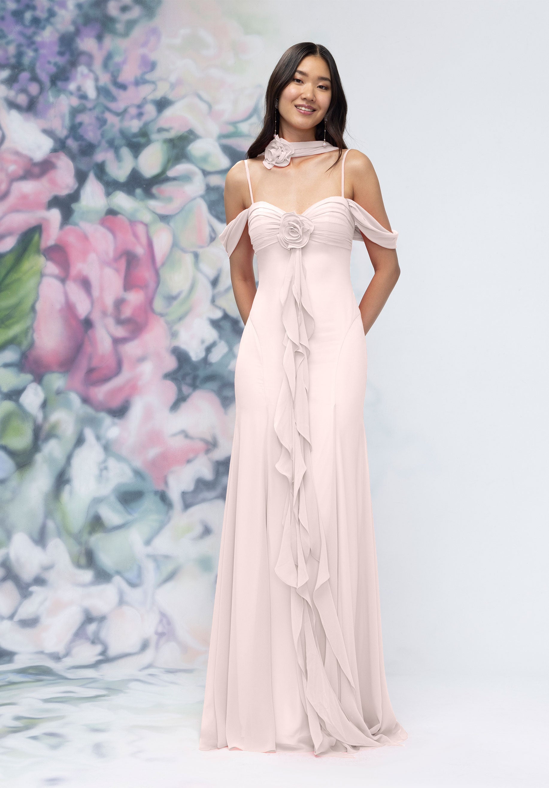 knee length dresses for ladies MGNY Madeline Gardner New York 3030000 Ruffle Long Floral Formal Dress