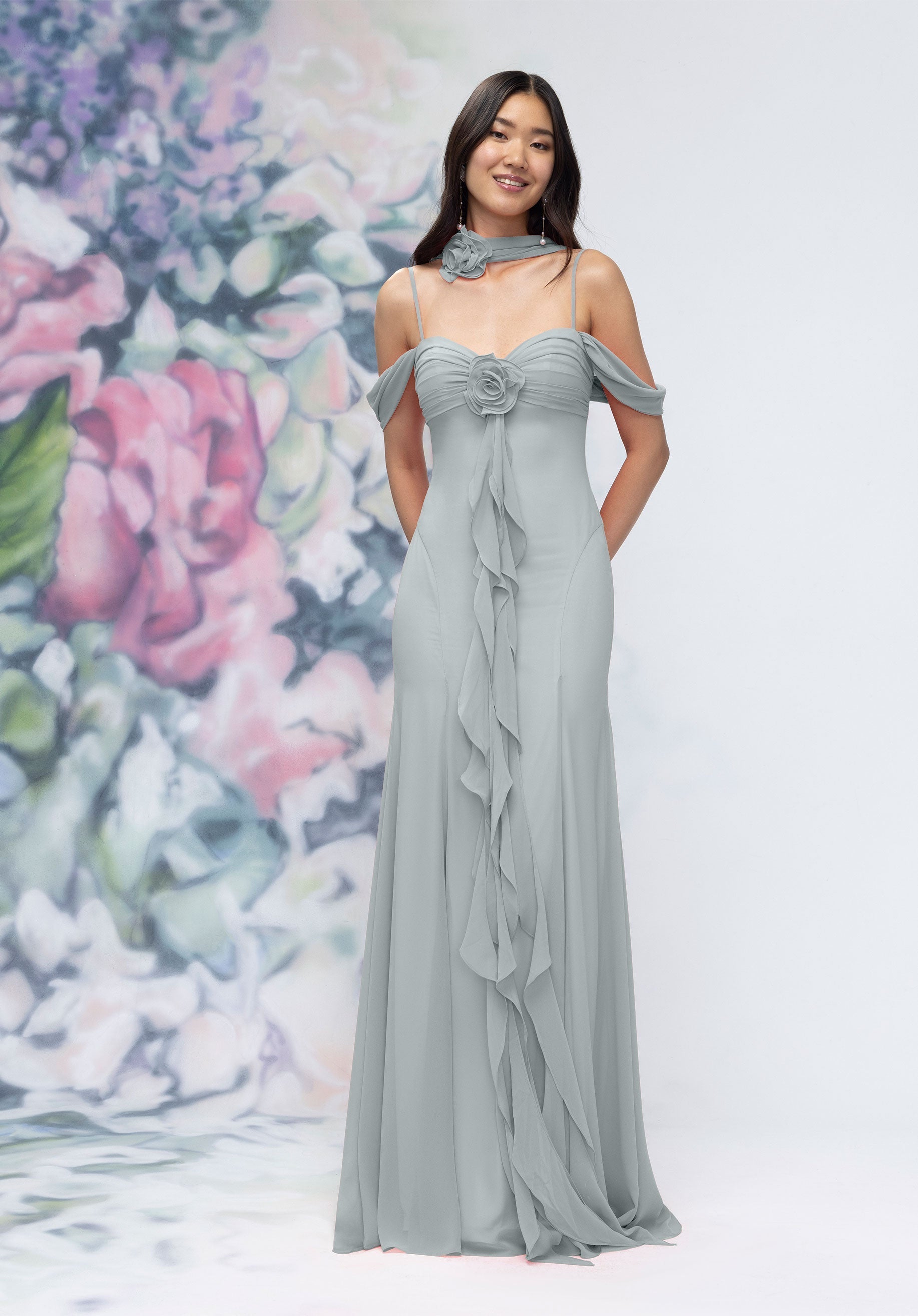 MGNY Madeline Gardner New York 3030000 Formal Evening Long Ruffle Floral Dress - Fawn / 2 MGNY Madeline Gardner New York 3030000 Formal Evening Long Ruffle Floral Dress - Fawn / 2