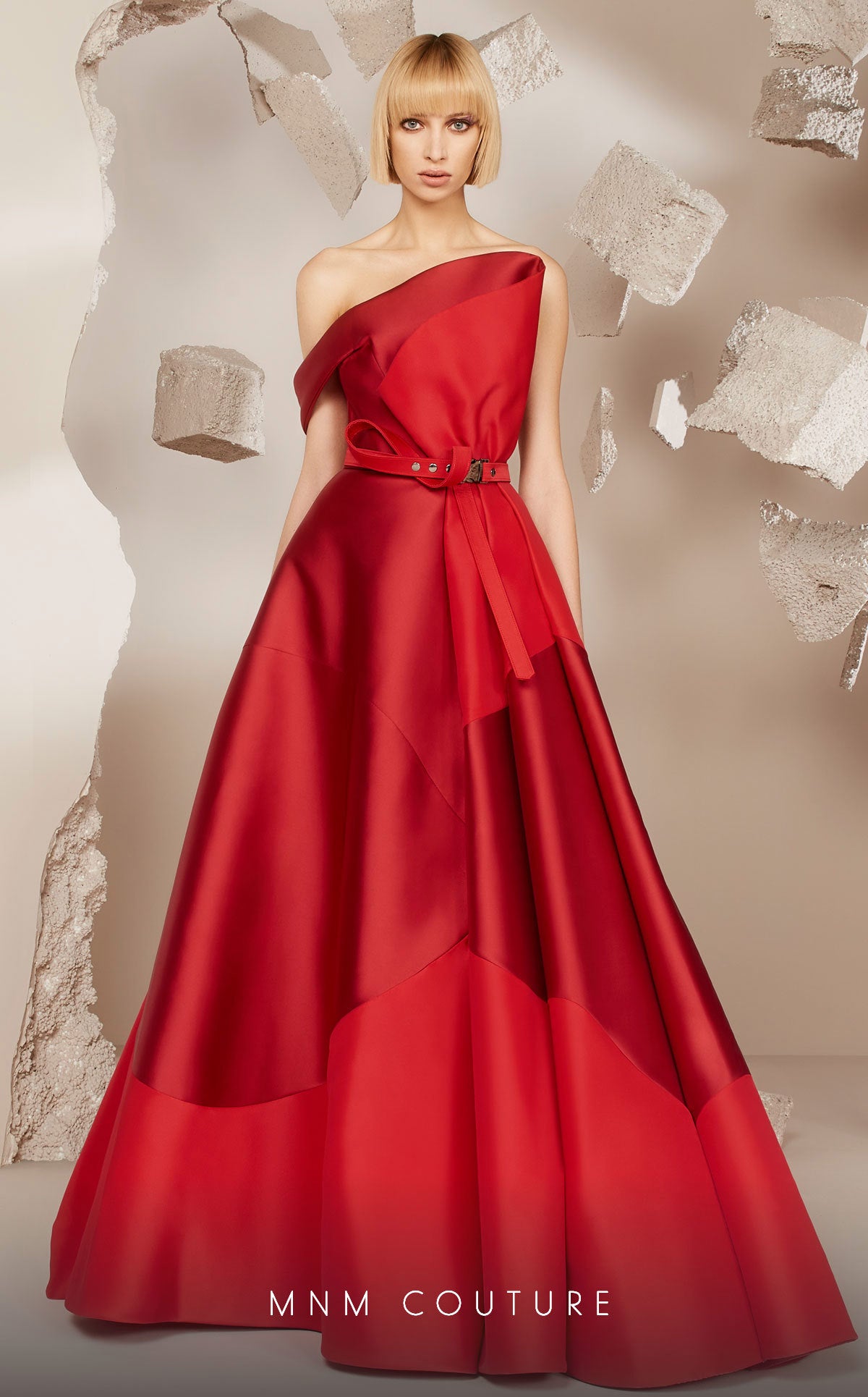 One-Shoulder Floor-Length Satin Evening A-Line MNM Couture E0014