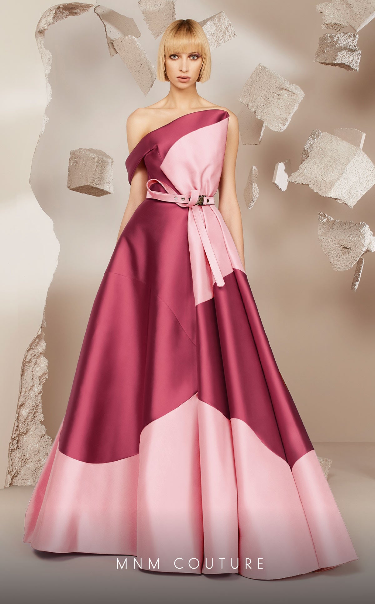 One-Shoulder Floor-Length Satin Evening A-Line MNM Couture E0014